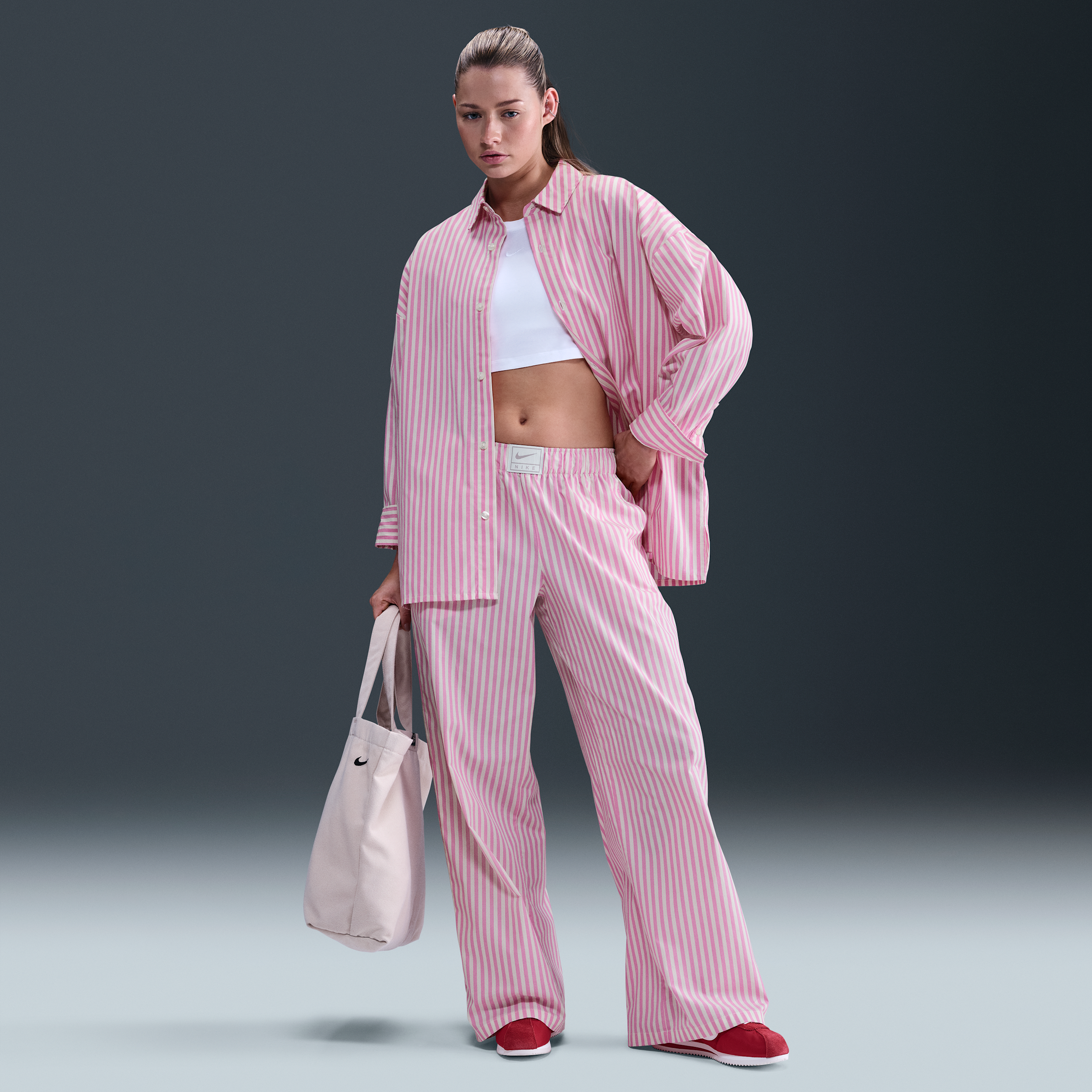 Nike Chill Poplin Womens Mid-Rise Loose Striped Trousers - Pink - Cotton