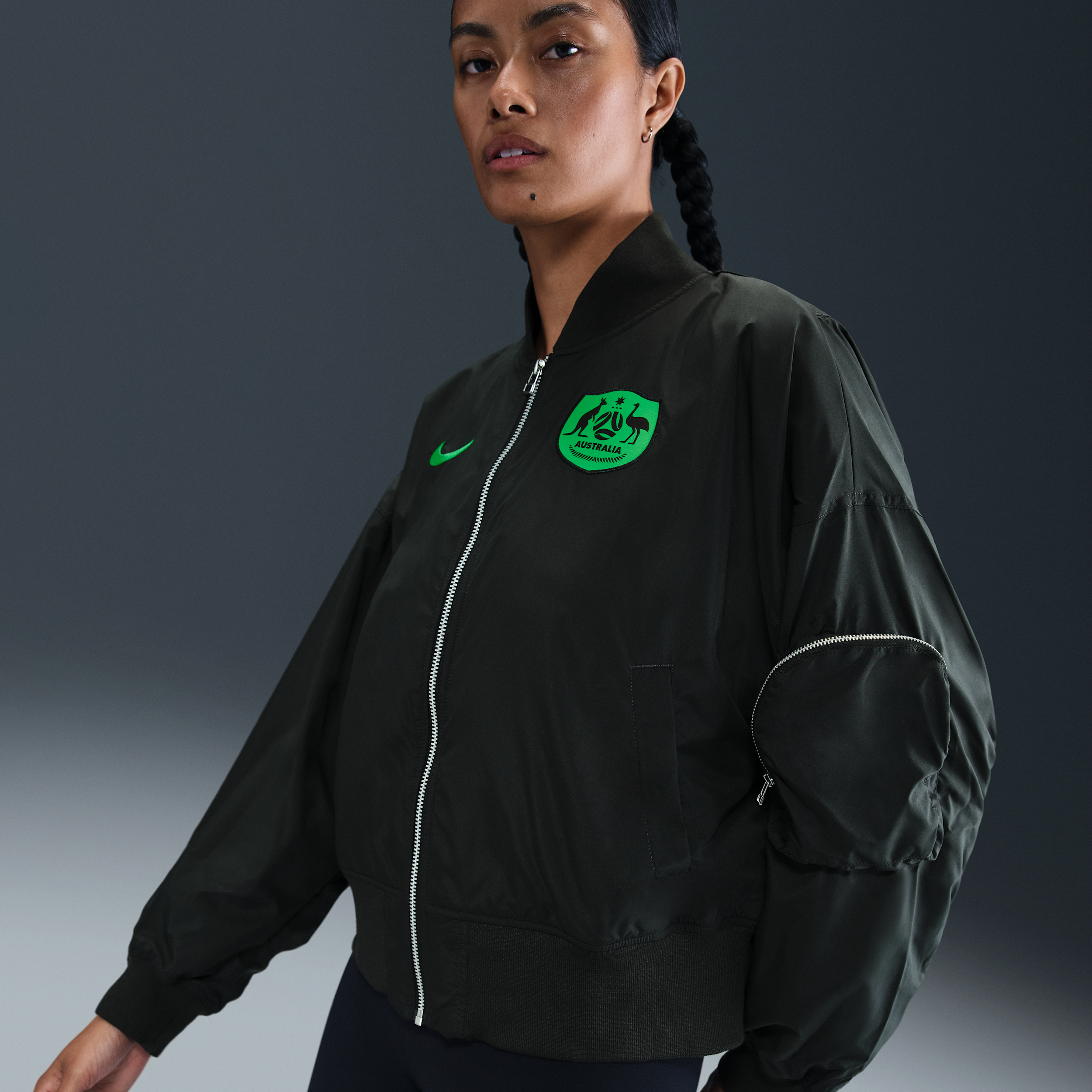 Australia Essential Women's Nike Football Oversized Bomber - Green - Sustainable Materials