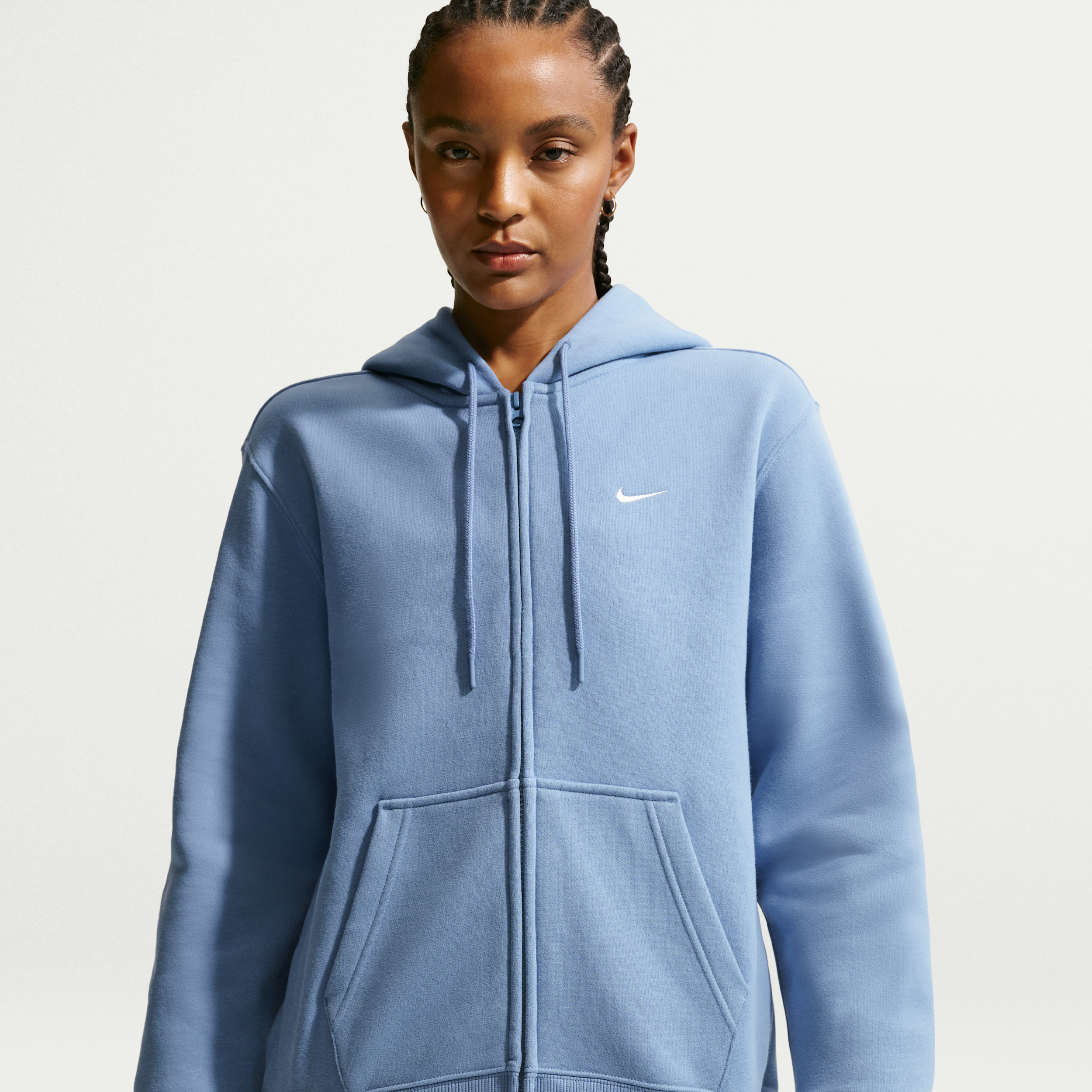 Nike Studio Fleece-hættetrøje i medium vægt med lynlås i fuld længde til kvinder - blå