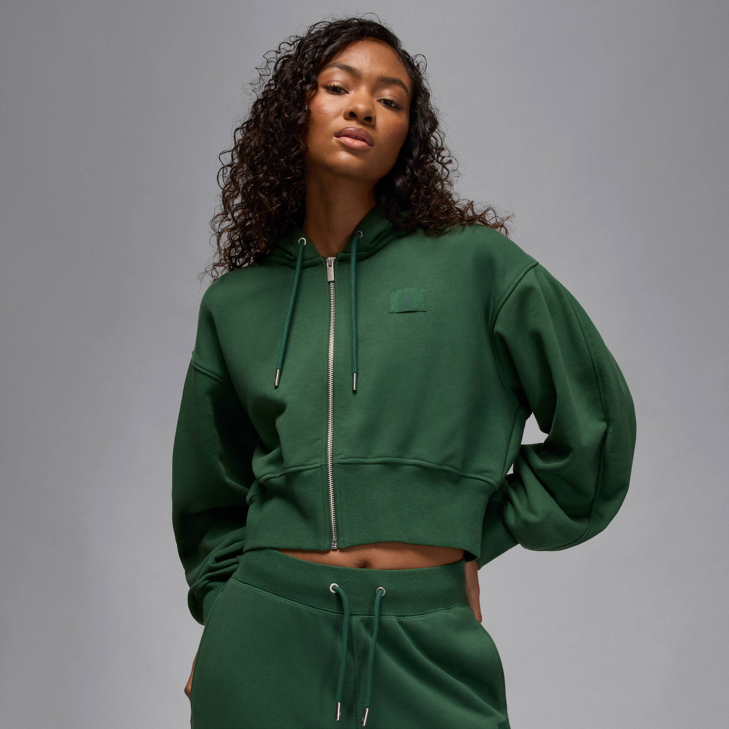 Nike Jordan Flight Fleece Womens Cropped Satin-Lined Hoodie - Green - Cotton/Polyester