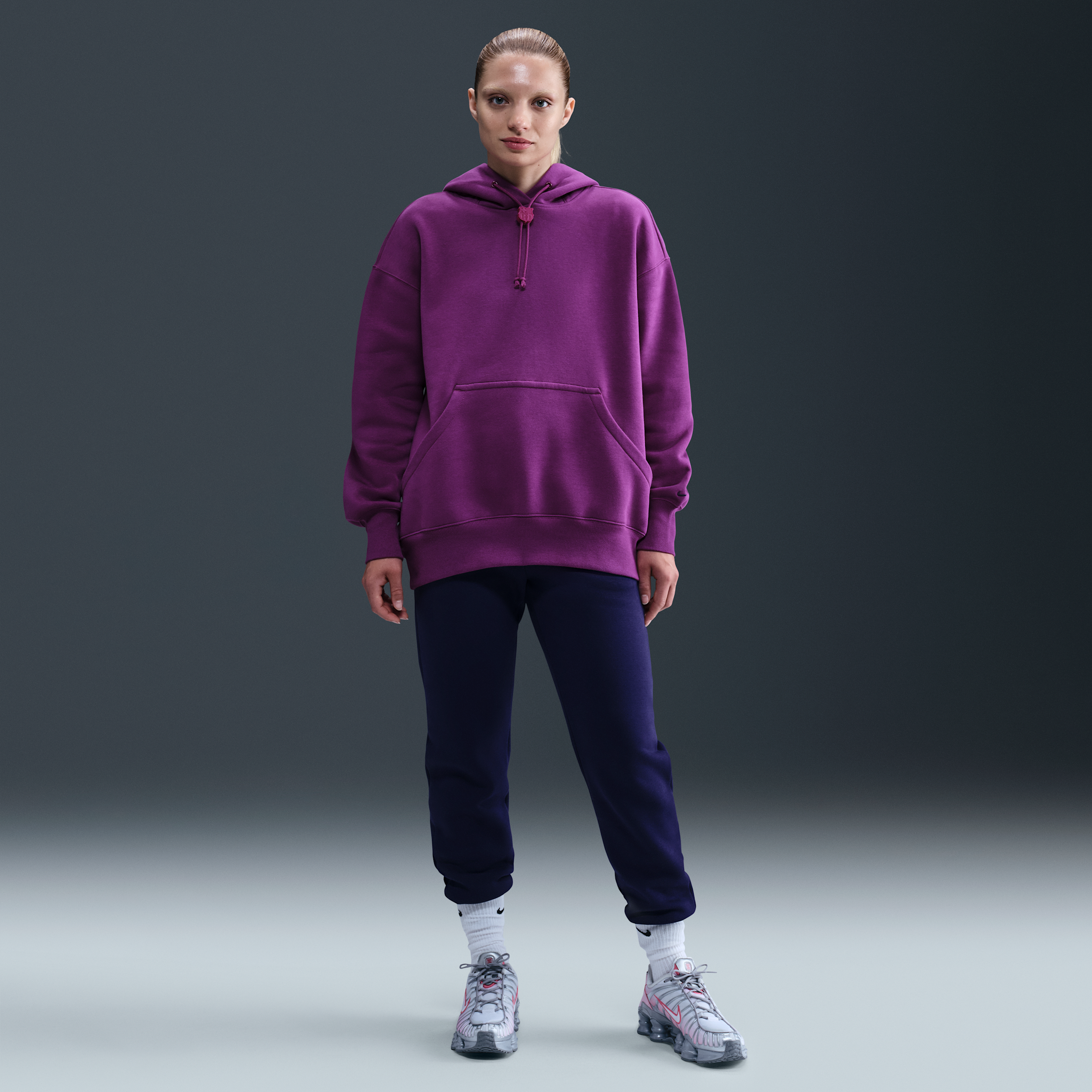 Nike FC Barcelona Phoenix Fleece oversized voetbalhoodie voor dames Paars
