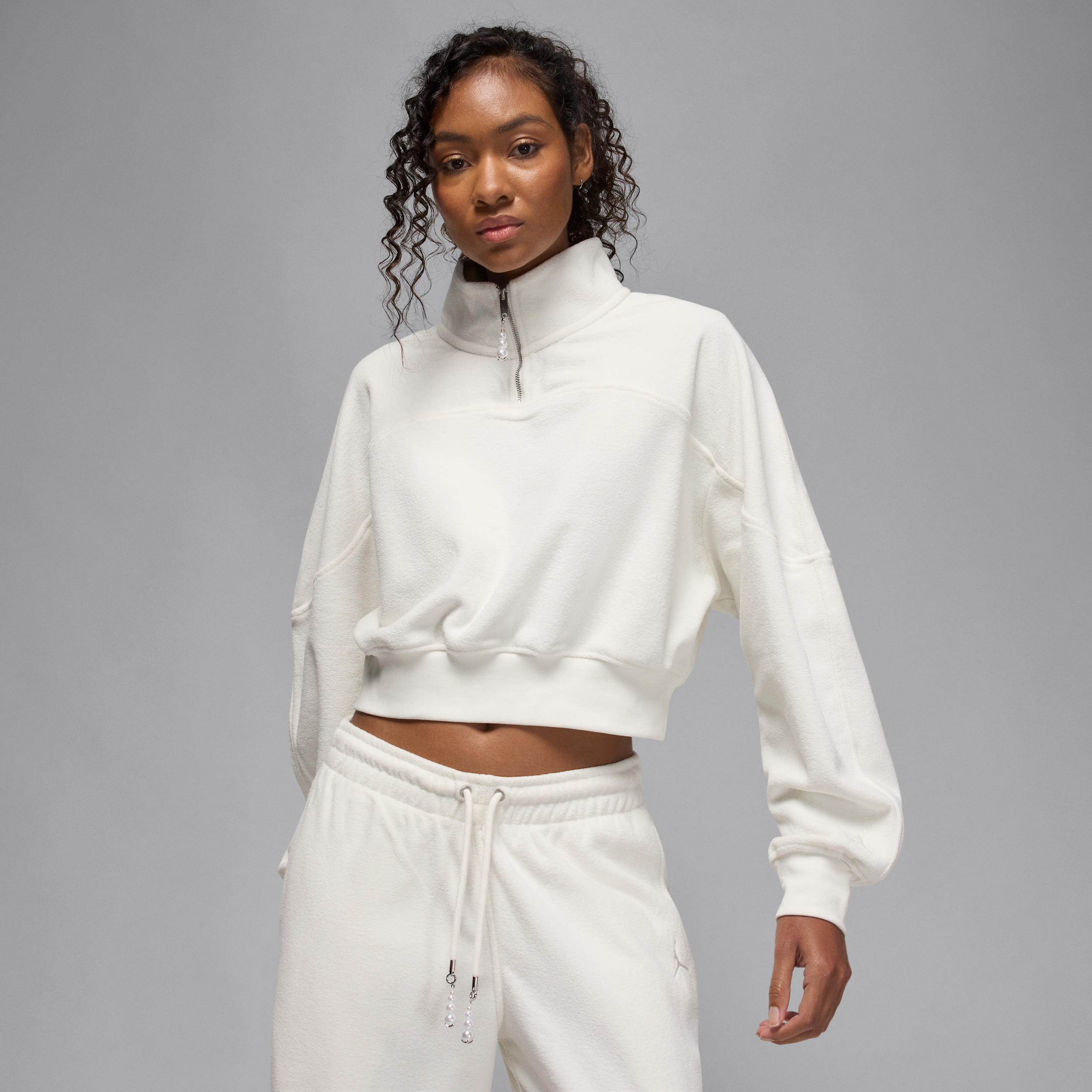 Nike Jordan Flight Fleece Womens Quarter-Zip Top - White - Polyester/Cotton/Rayon