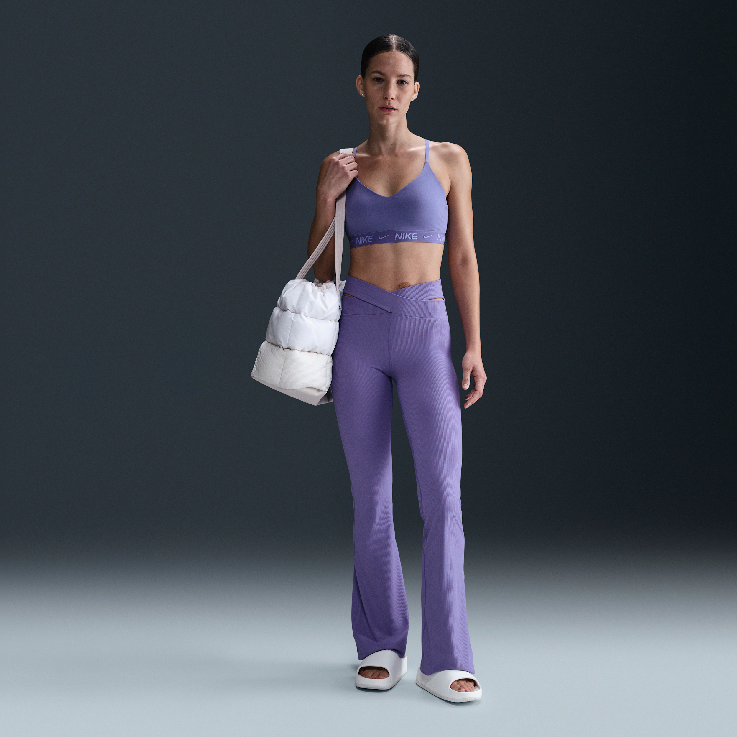 Nike Zenvy Rib Women's High-Waisted Flared Leggings - Purple - Recycled Nylon Minimum