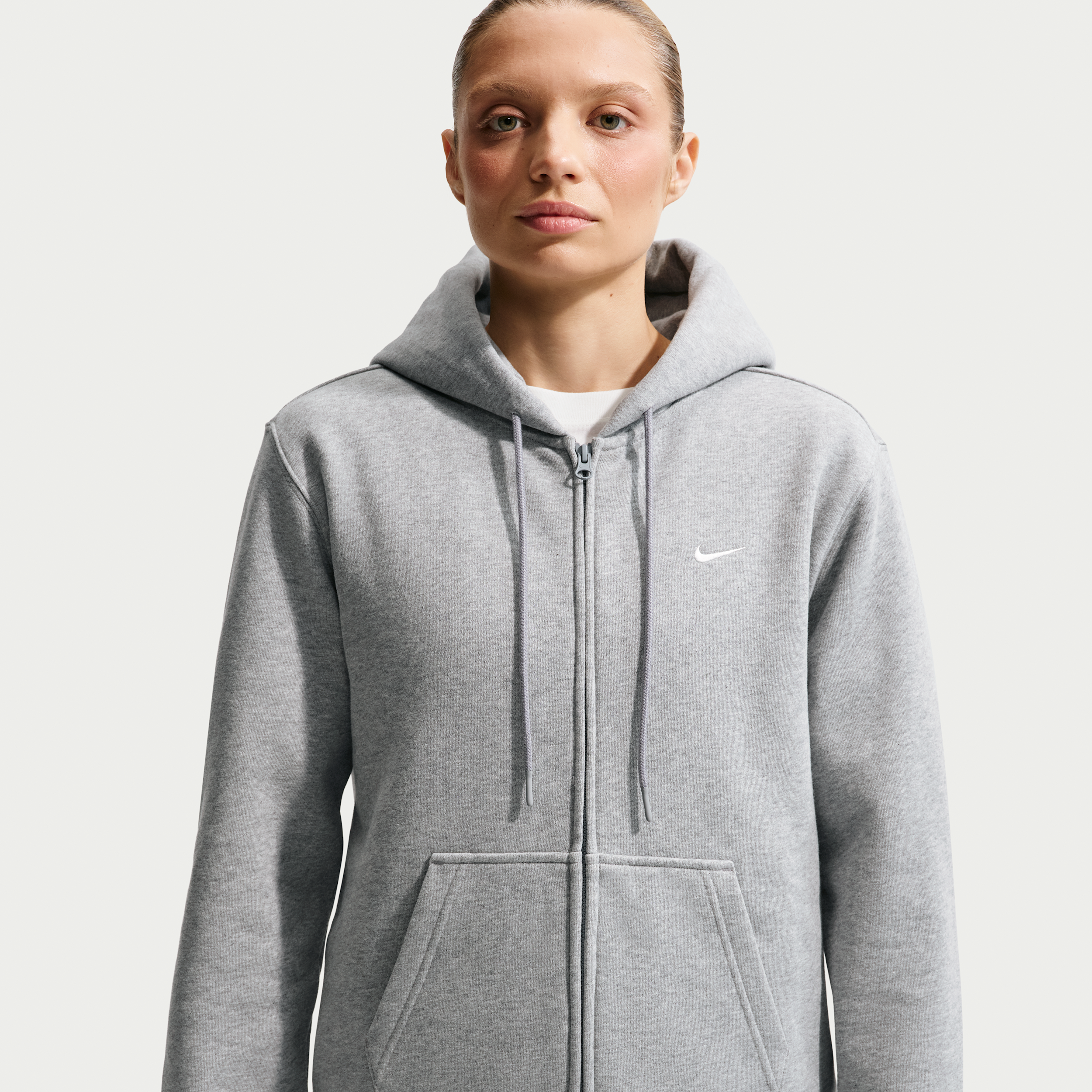 Nike Studio Fleece-hættetrøje i medium vægt med lynlås i fuld længde til kvinder - grå