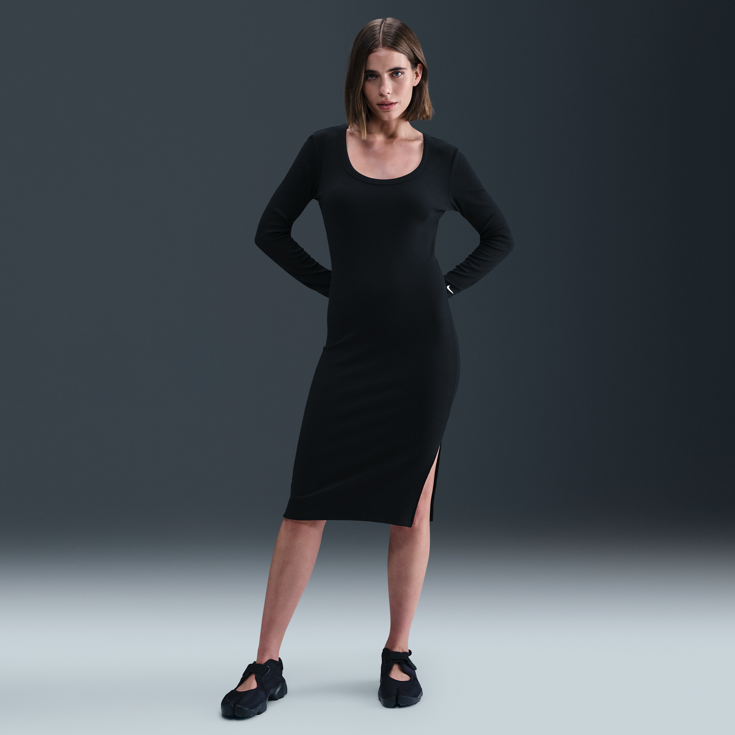 Nike Chill Knit Womens Tight Long-Sleeve Midi Mini-Rib Dress - Black - Polyester/Lyocell/Elastane
