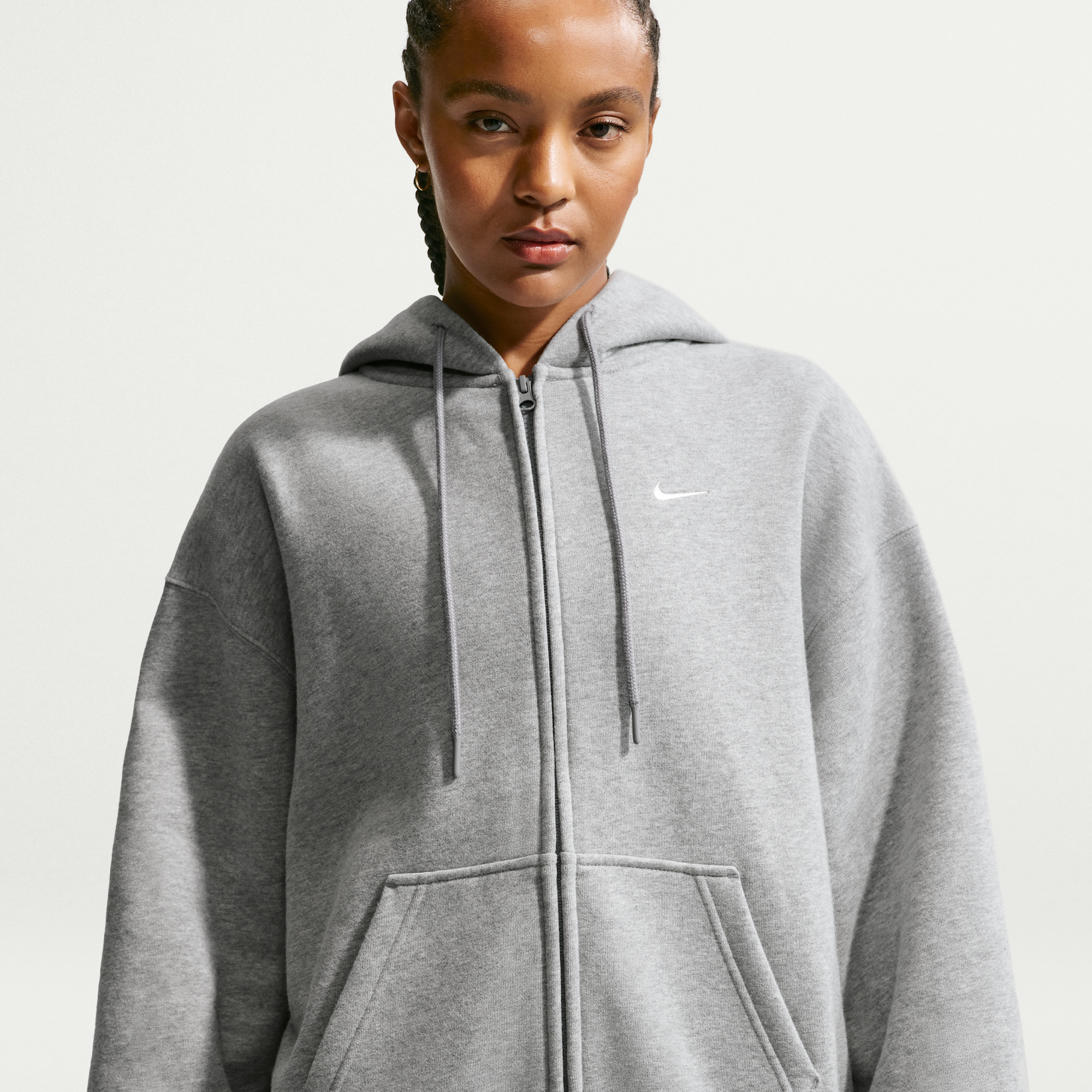 Oversized Nike Studio Fleece-hættetrøje i medium vægt med fuld lynlås til kvinder - grå