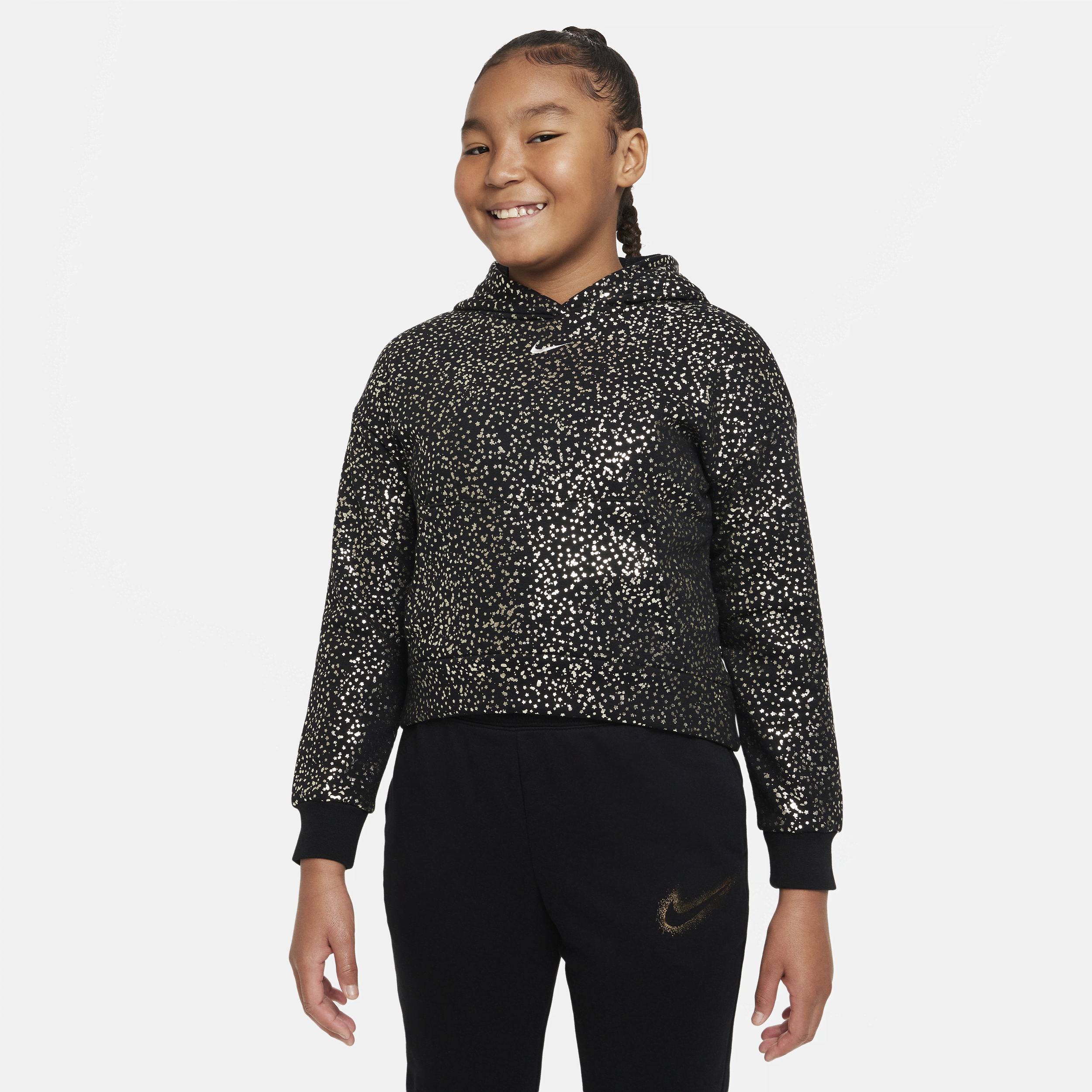 Dzianinowa bluza z kapturem i nadrukiem dla dużych dzieci (dziewcząt) Nike Sportswear (szersze rozmiary) - Czerń