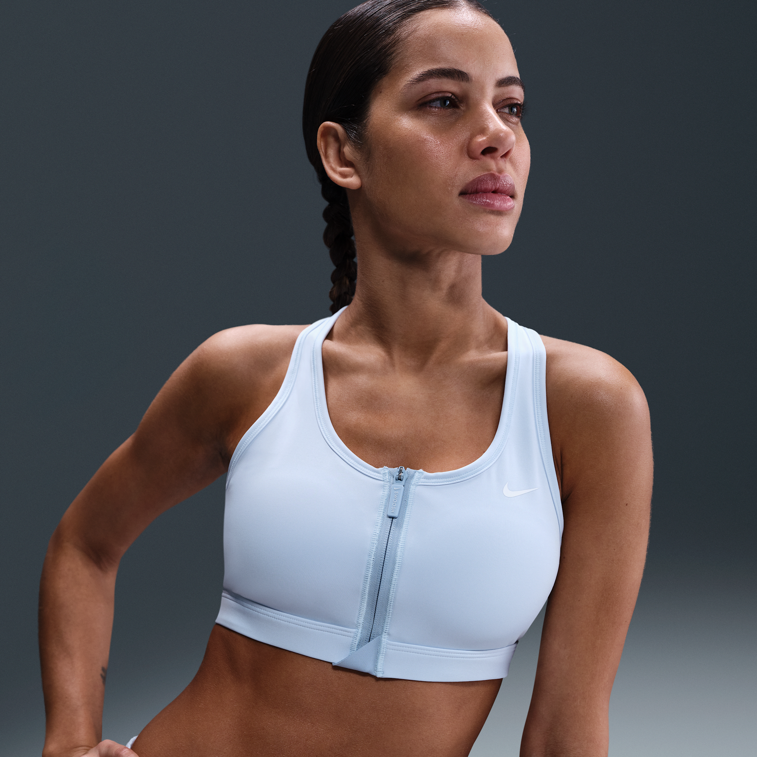 Nike Swoosh Front Zip Women's Medium-Support Padded Sports Bra - Blue - Recycled Polyester Minimum - 50% Recycled Polyester