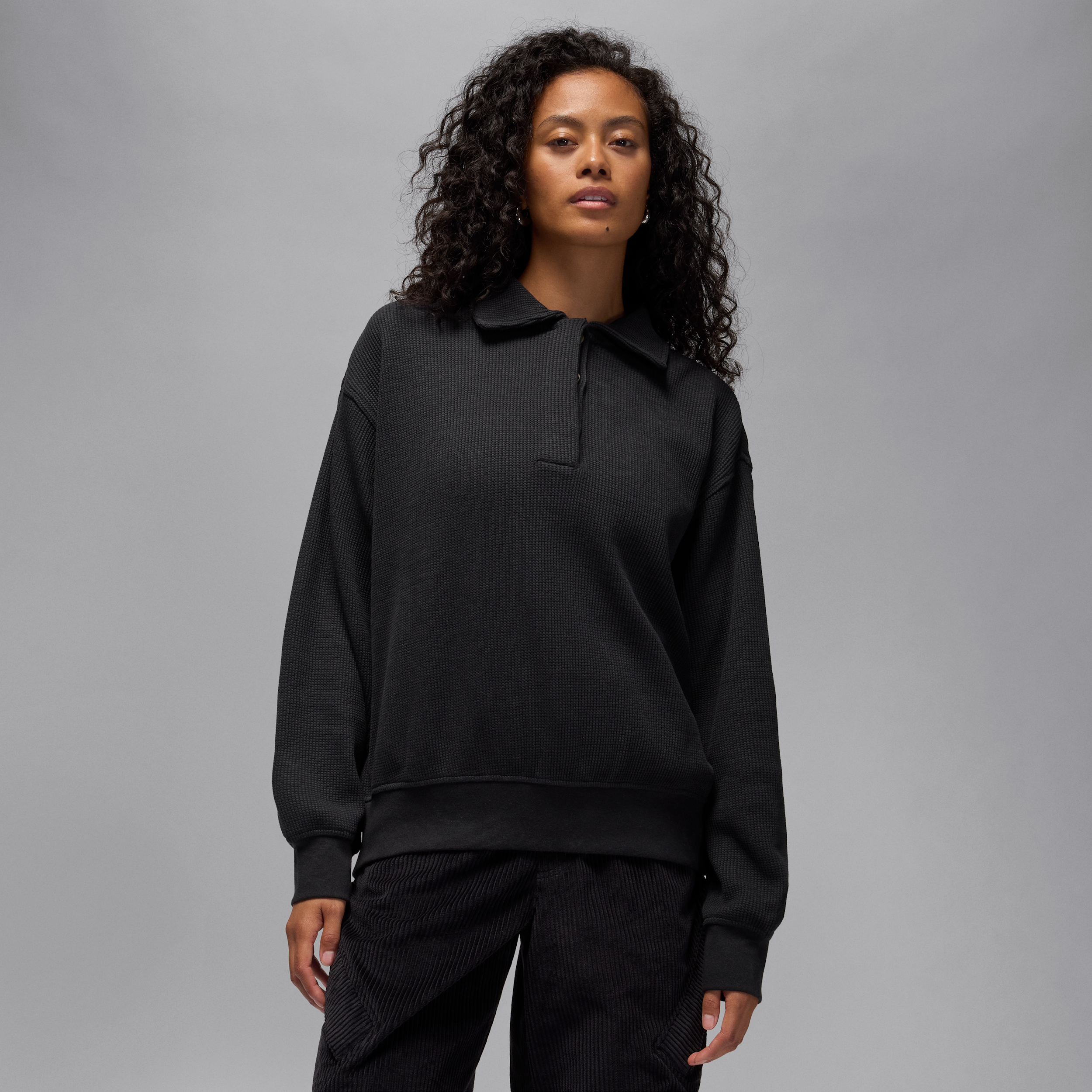 Nike Jordan Flight Womens Long-Sleeve Waffle Top - Black - Cotton/Polyester