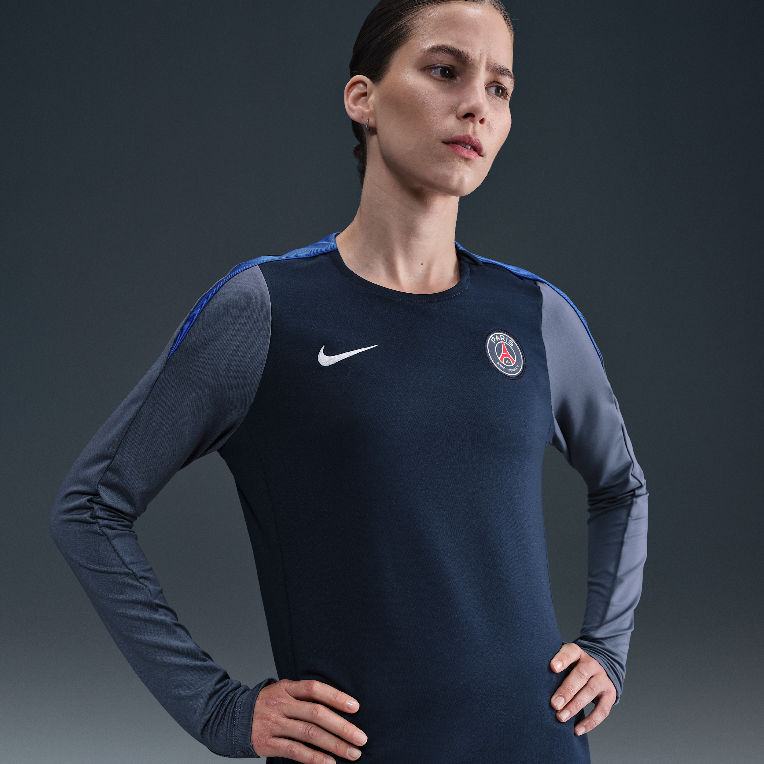 Maskinstrikket Paris Saint-Germain Strike Nike Dri-FIT-fodboldtrøje med rund hals til kvinder - blå