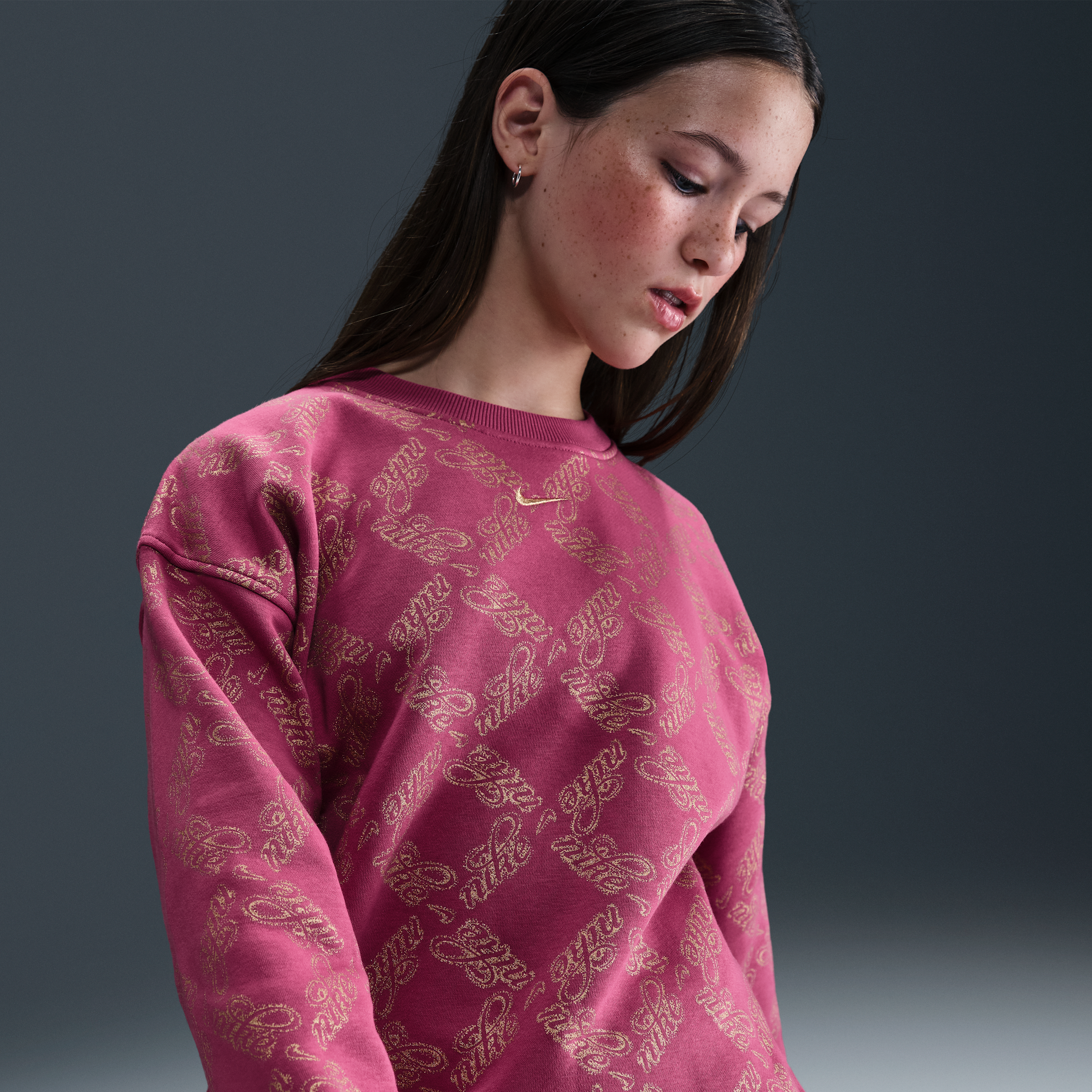 Nike Club Fleece Big Kids (Girls) Oversized Printed Crewneck Sweatshirt - Purple - Cotton/Polyester