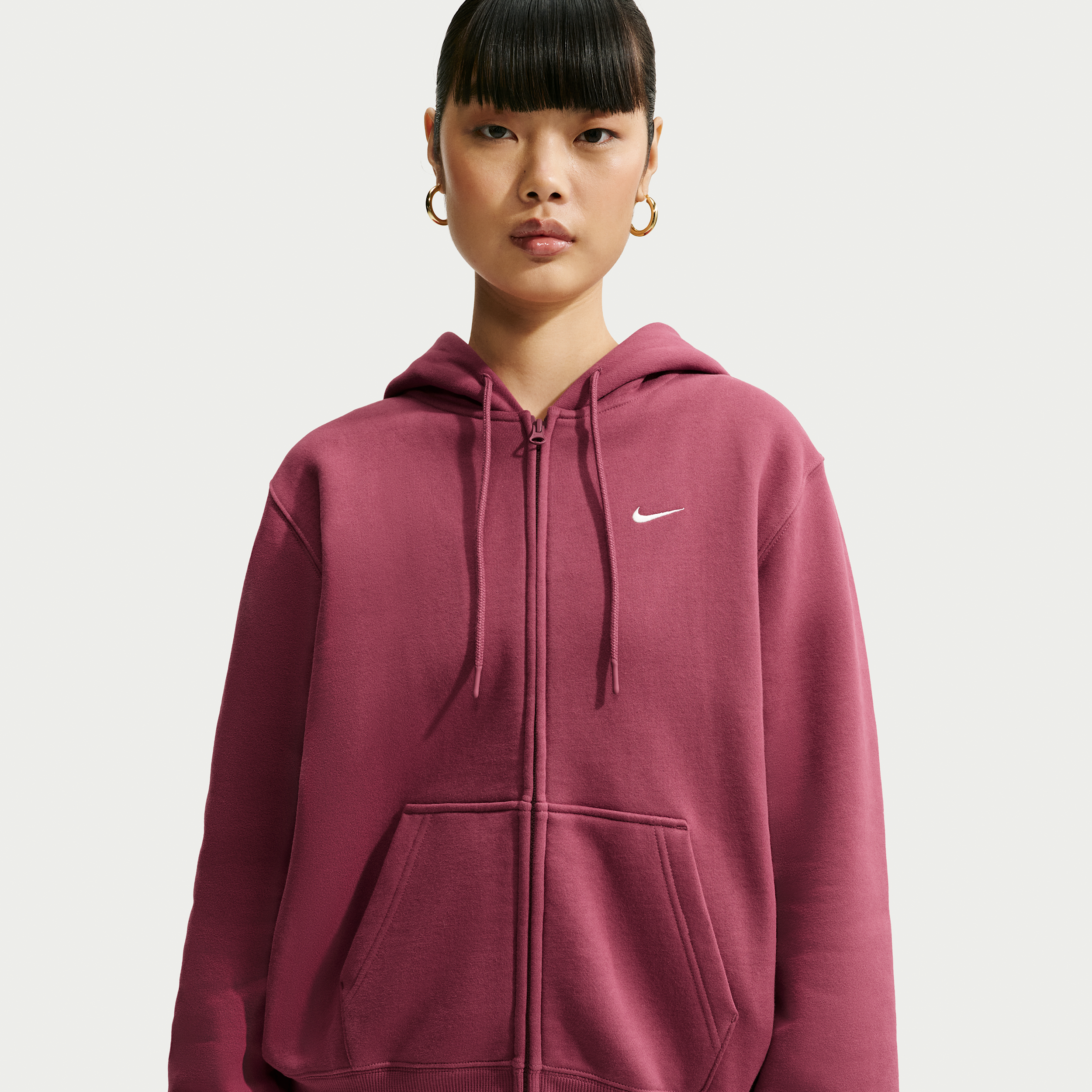 Nike Studio Fleece-hættetrøje i medium vægt med lynlås i fuld længde til kvinder - rød