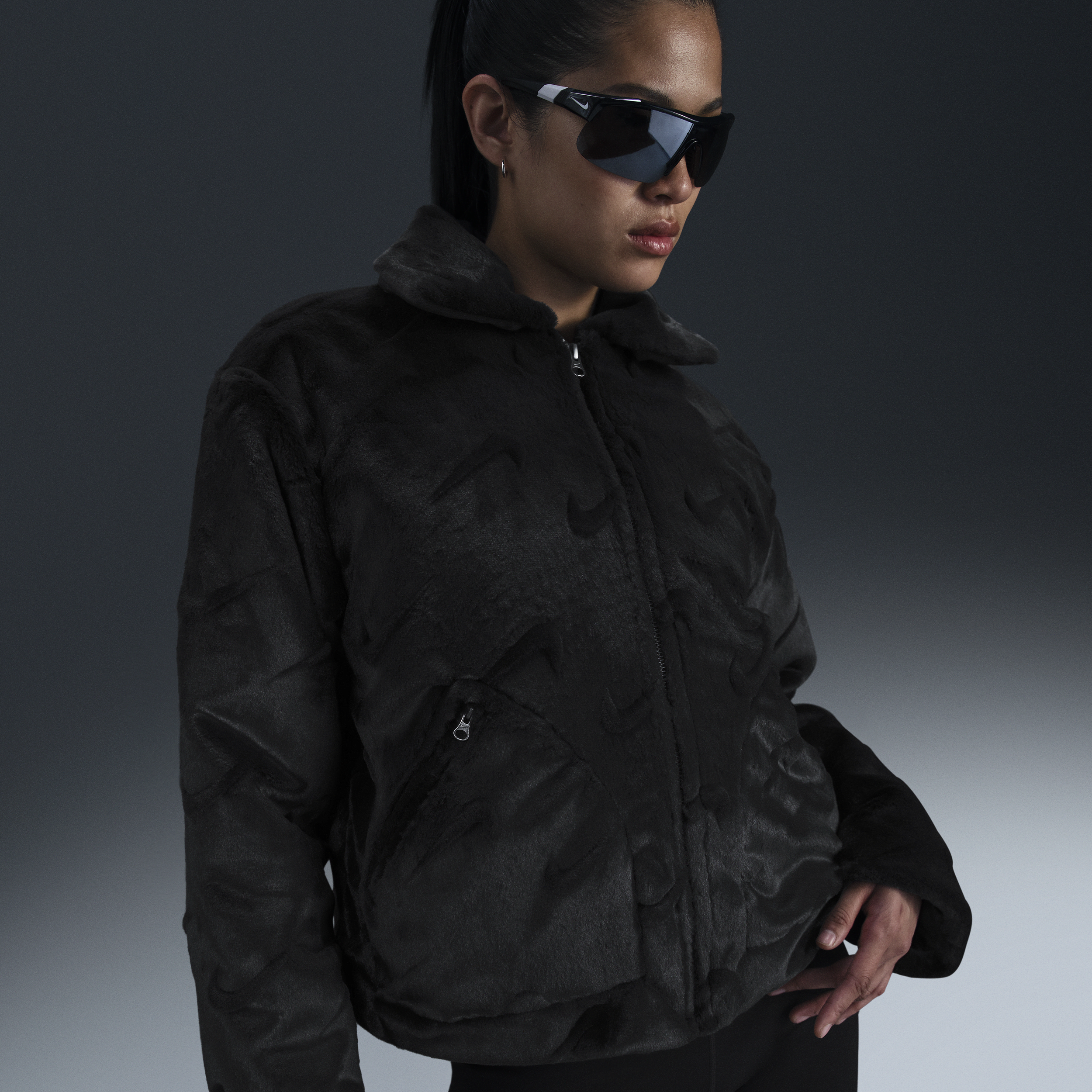 Nike Sportswear Essential Women's Loose Printed Faux Fur Jacket - Black - Faux Fur
