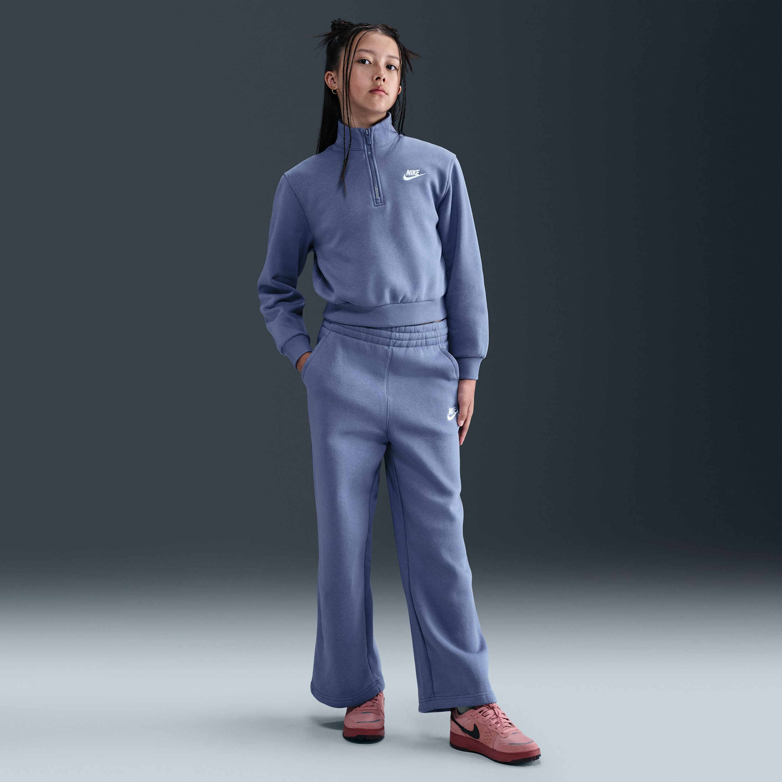 Nike Club Fleece Girls Wide-Leg Trousers - Blue - Cotton/Polyester