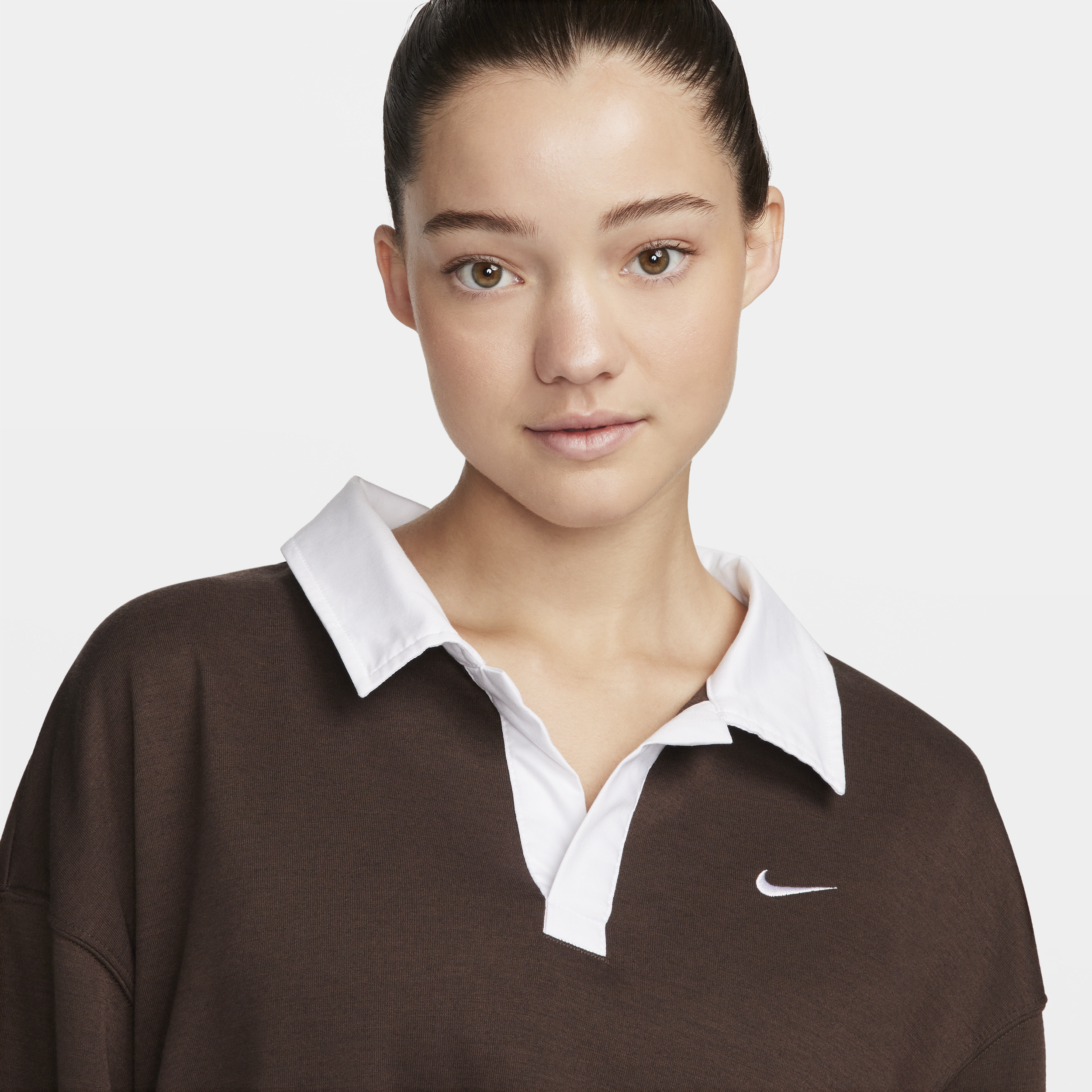 Nike Sportswear Essential oversized polo met lange mouwen voor dames Bruin