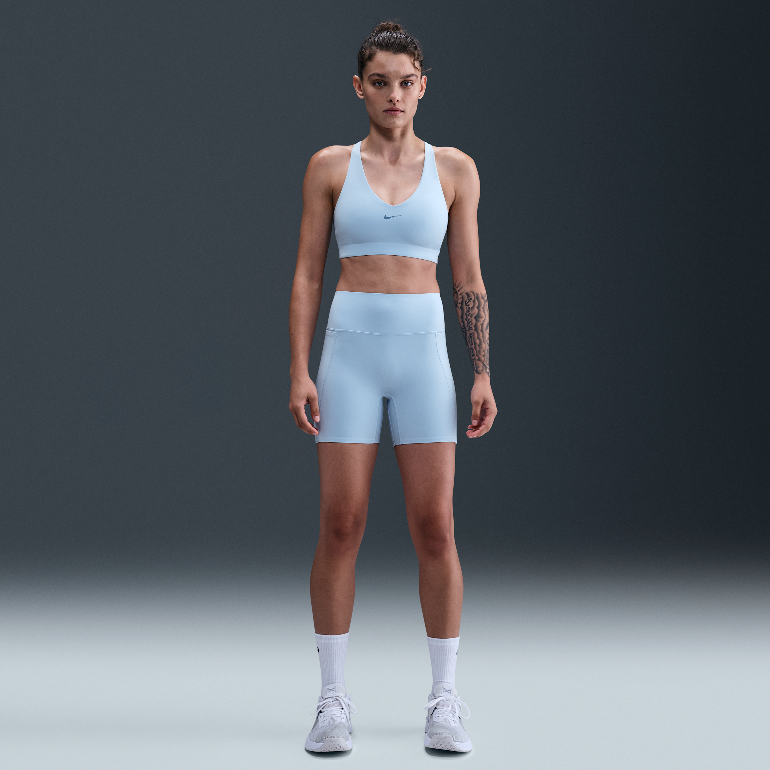 Nike Universa Womens High-Waisted 12.5cm (approx.) Biker Shorts with No Front Seam - Blue - Polyester/Elastane