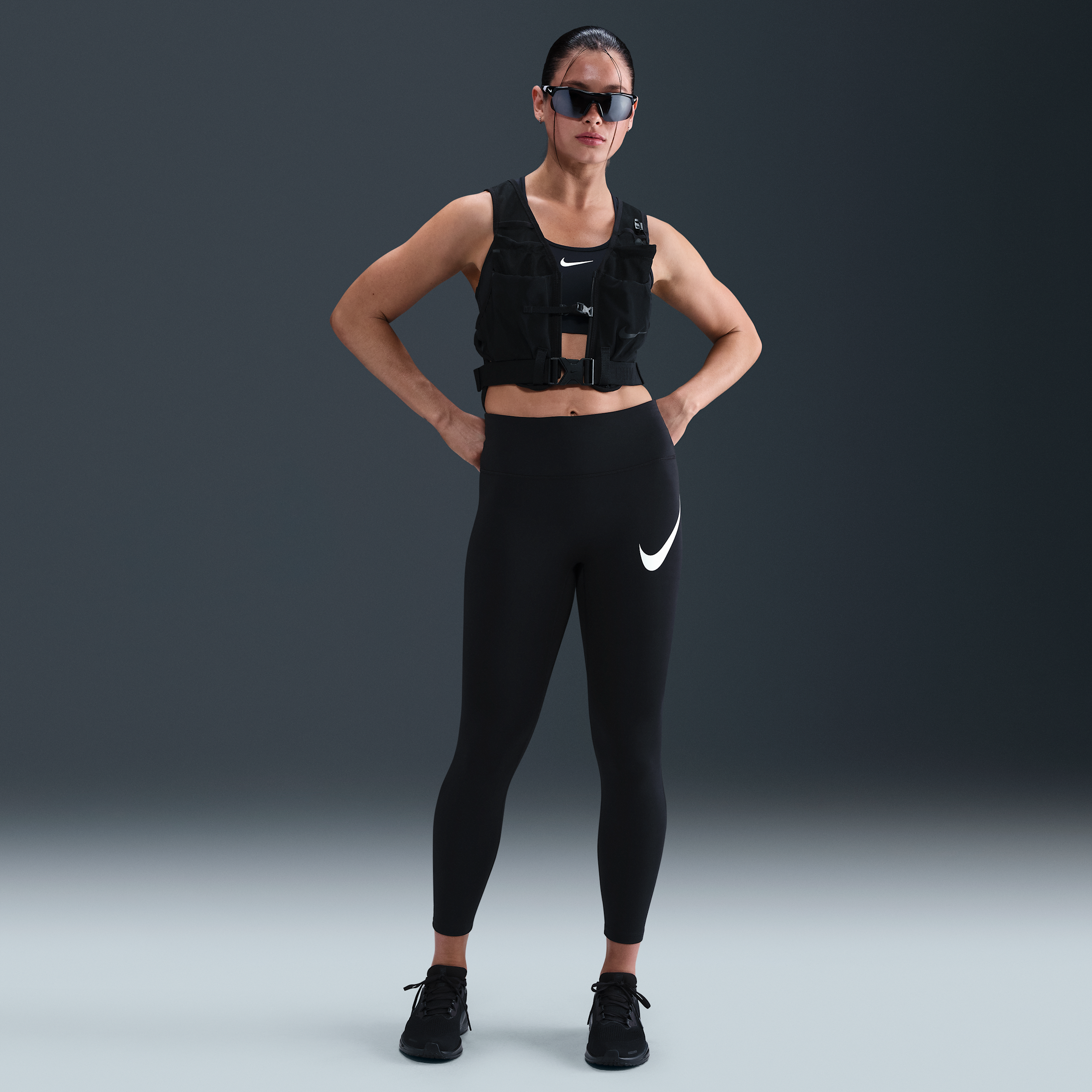 Thumbnail - Nike Tempo Swoosh Run 7/8-Lauf-Leggings mit hohem Taillenbund (Damen) - Schwarz