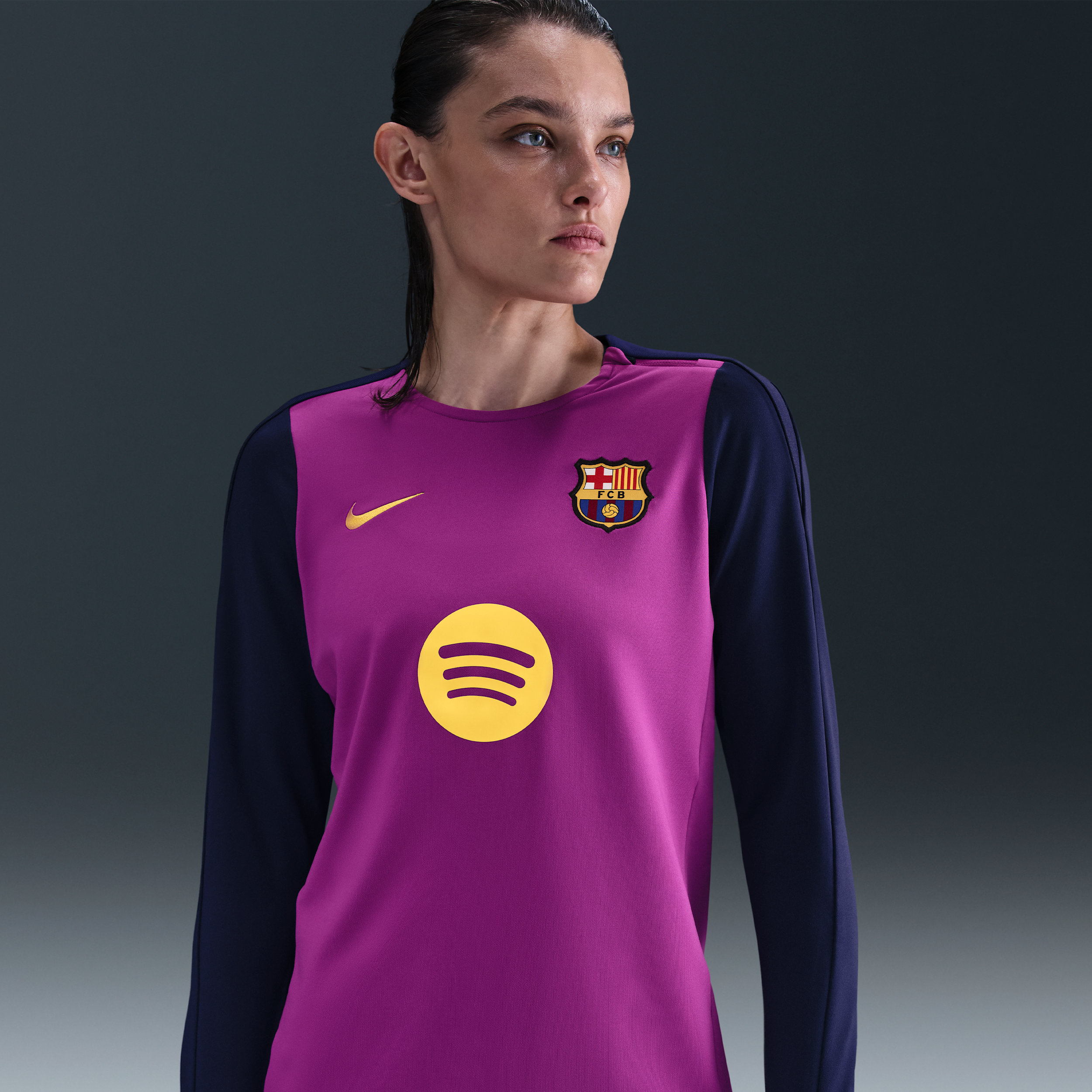 Maskinstrikket FC Barcelona Strike Nike Dri-FIT-fodboldtrøje med rund hals til kvinder - lilla
