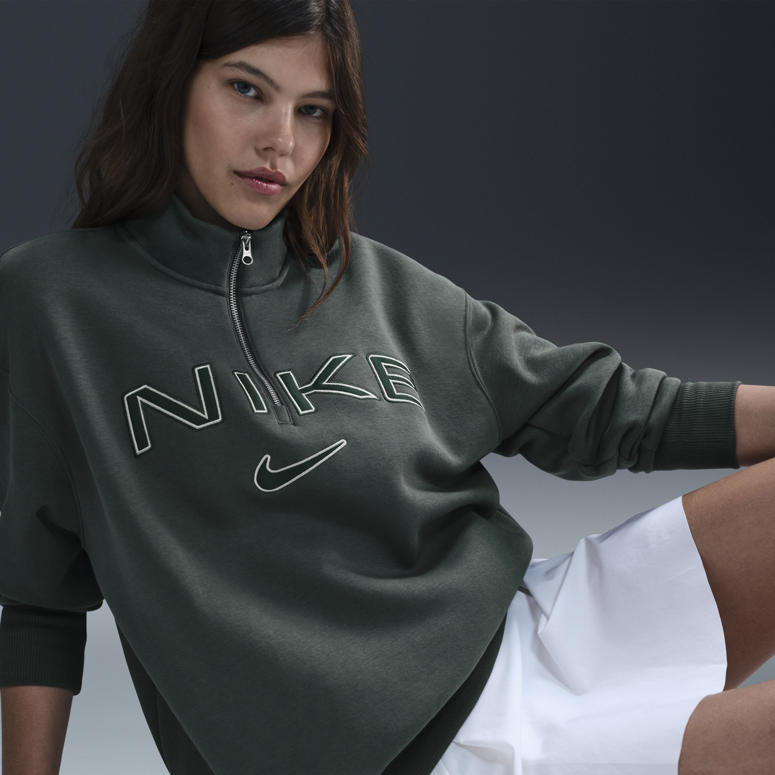 Haut oversize à logo à 1/4 de zip Nike Sportswear Phoenix Fleece pour femme - Vert