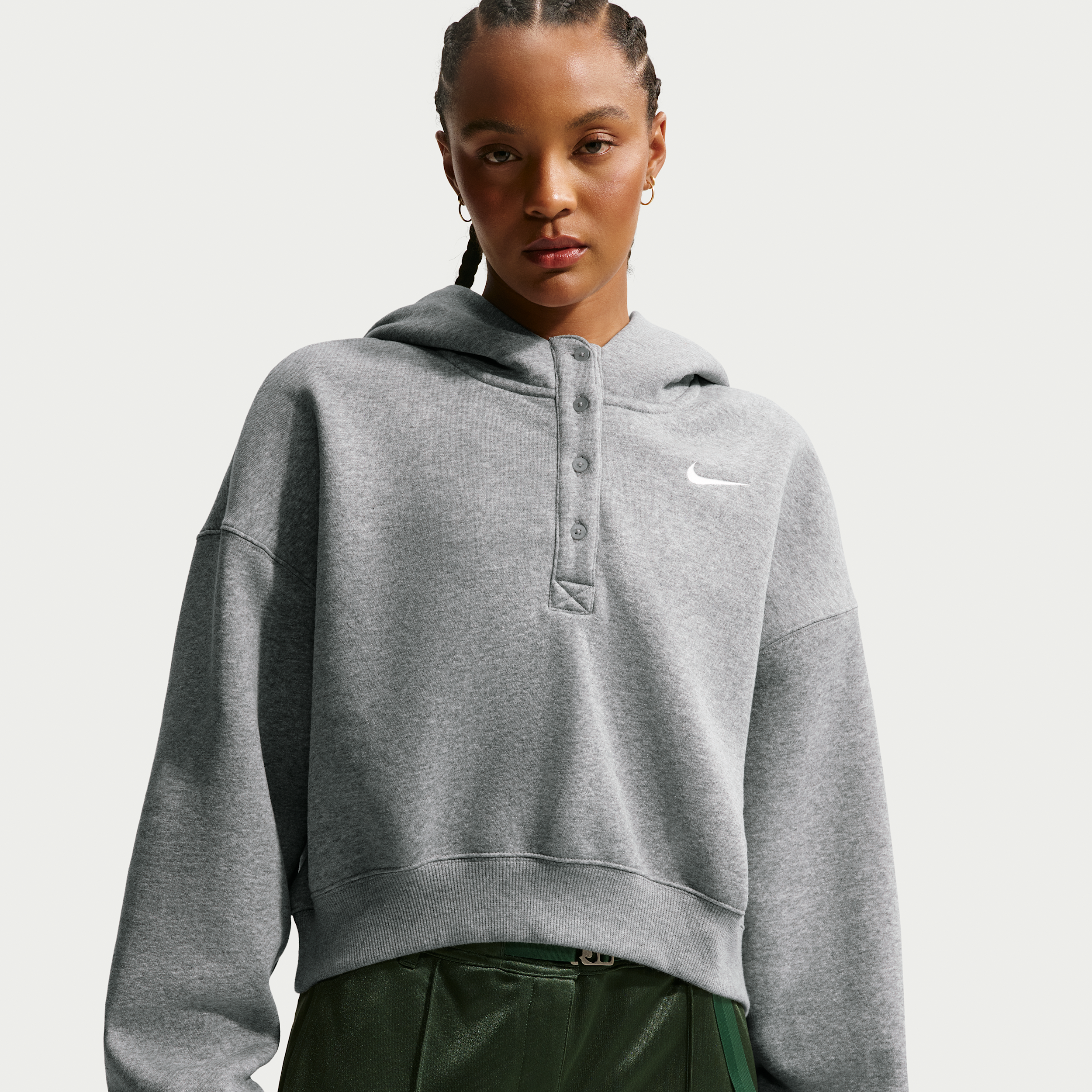 Felpa oversize corta serafino con cappuccio Nike Phoenix Fleece – Donna - Grigio