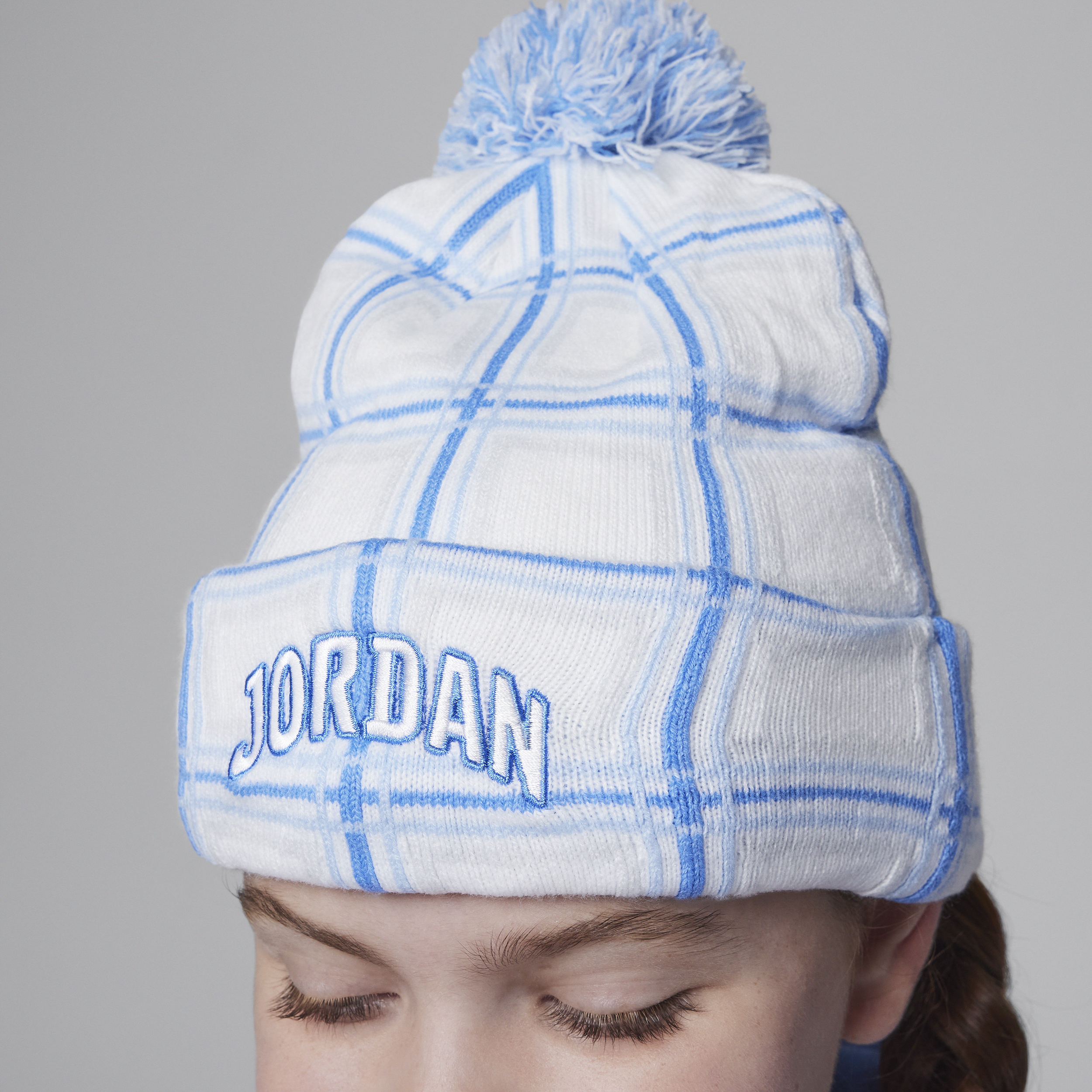 Bonnet à pompon et carreaux écossais Jordan pour ado - Blanc