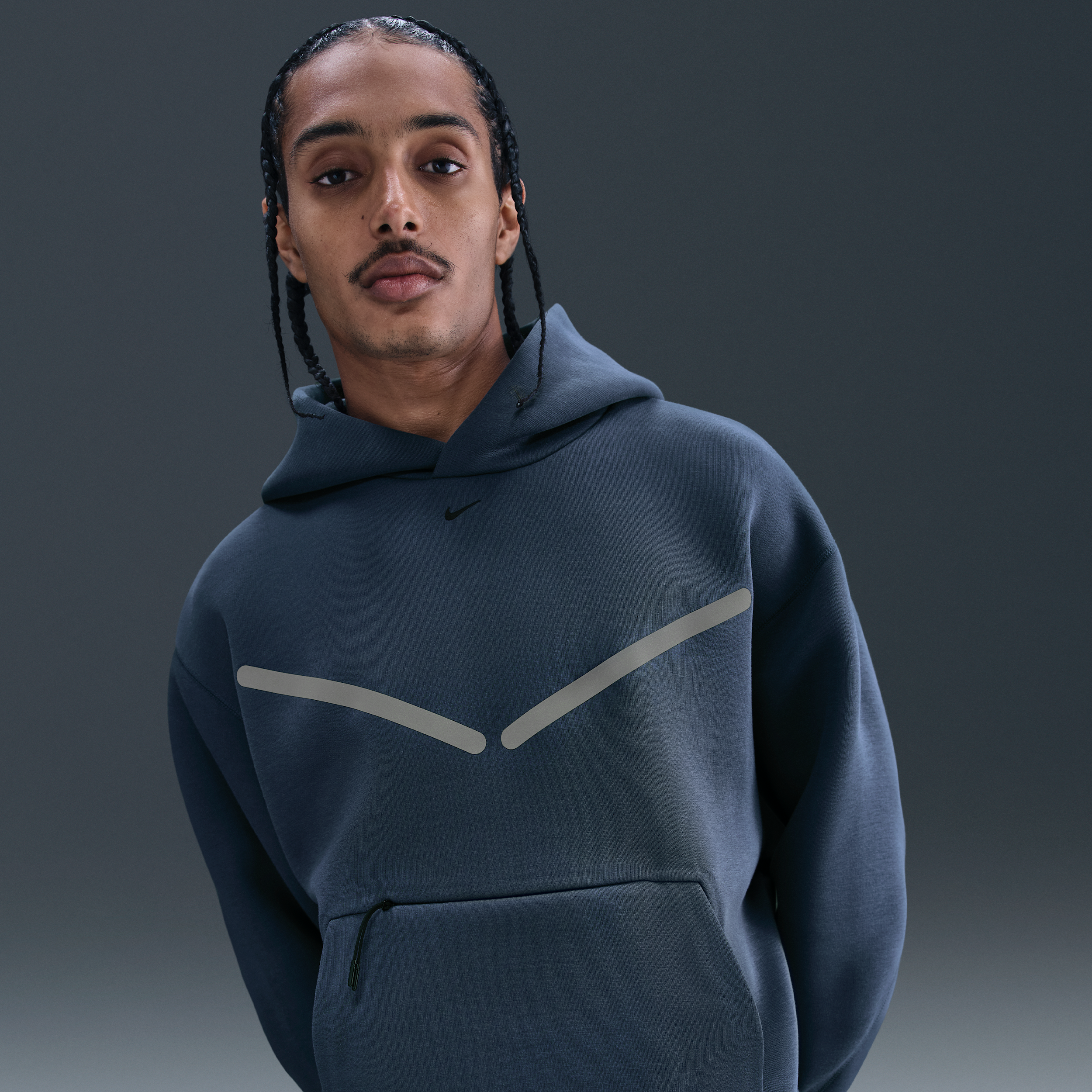 Nike Tech Mens Pullover Hoodie with Reflective Design Accents - Blue - Polyester/Cotton