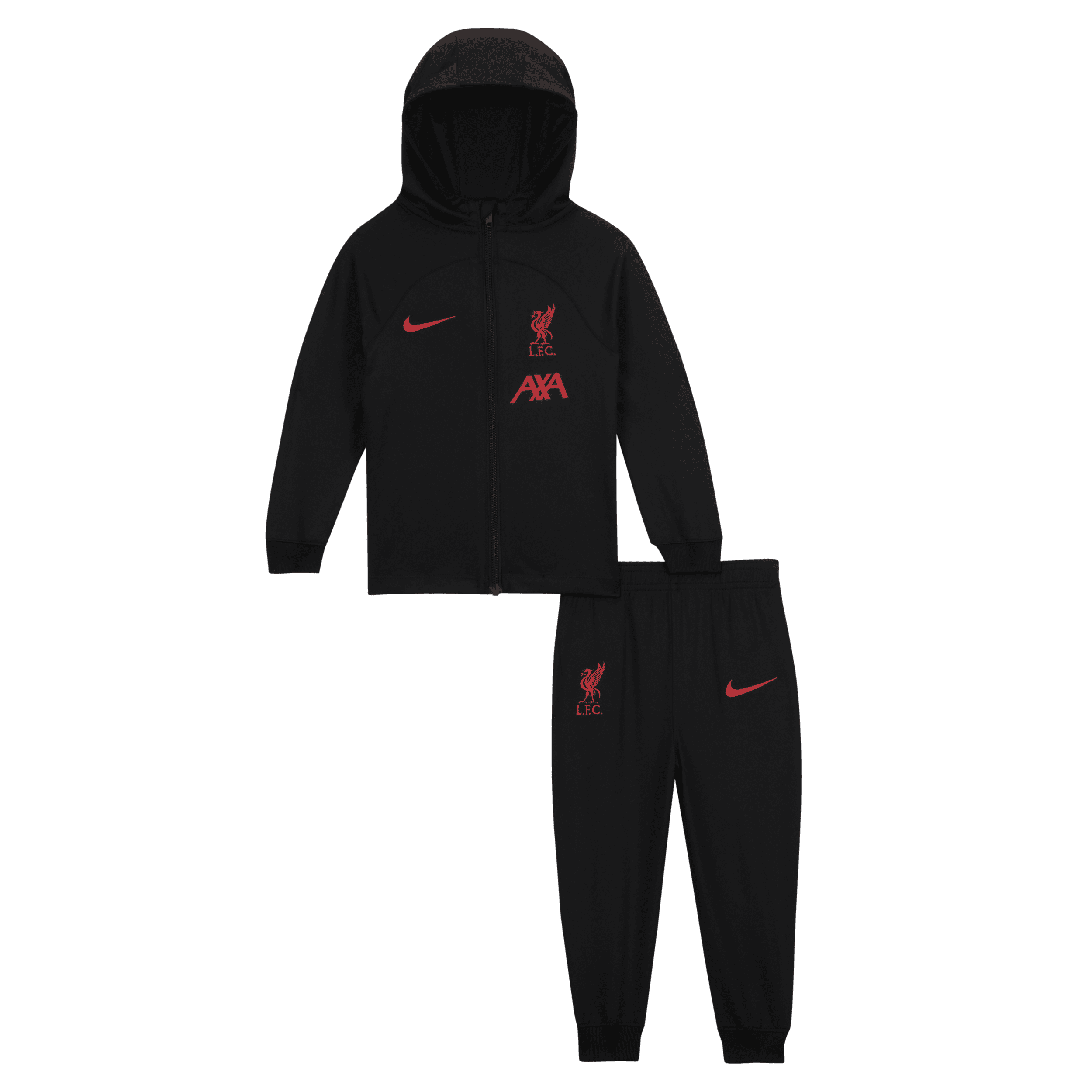 Liverpool FC Strike Uit Nike Dri-FIT voetbaltrainingspak met capuchon voor baby’s/peuters – Zwart