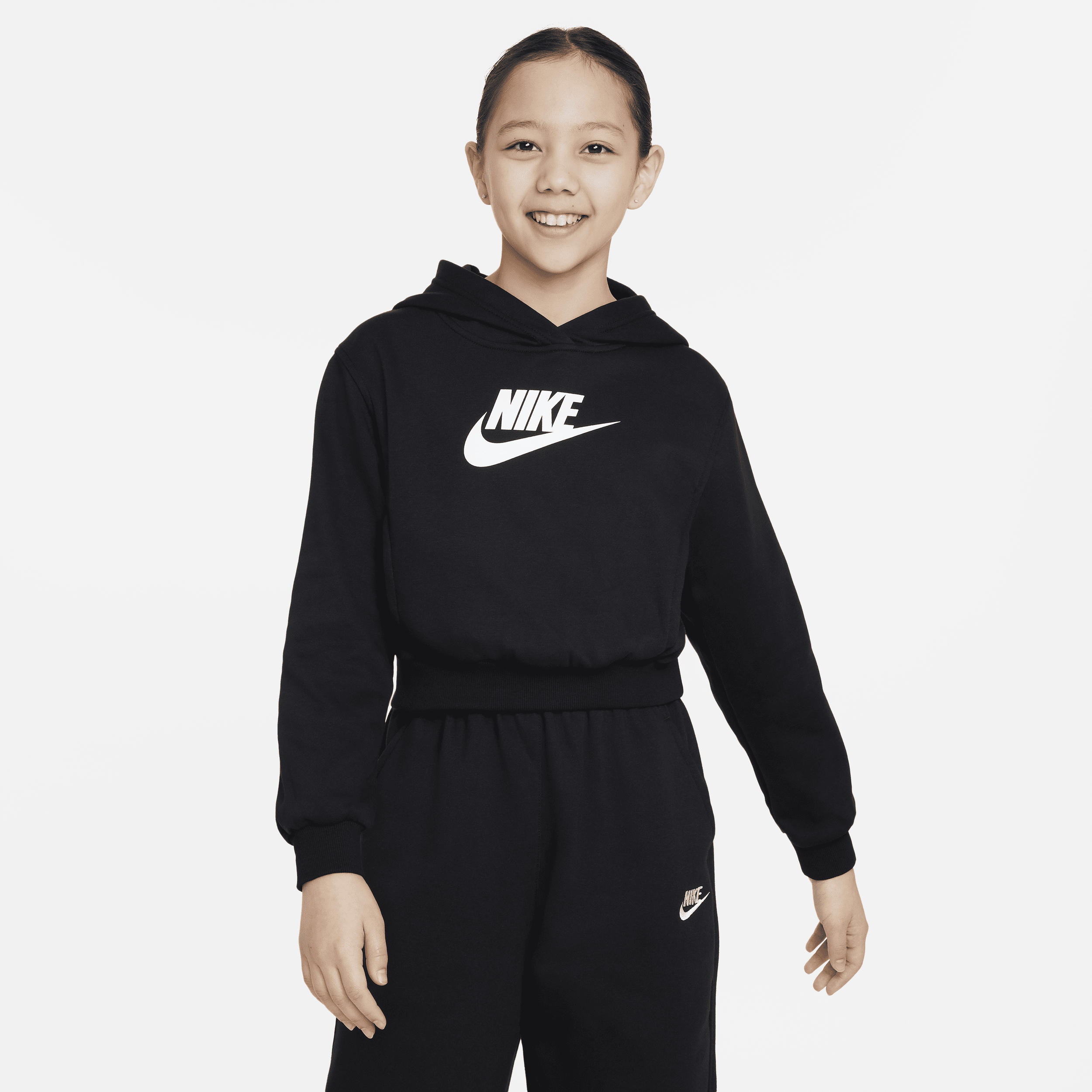 Nike Club Fleece Older Kids (Girls) Crop Hoodie - Black - Cotton/Polyester