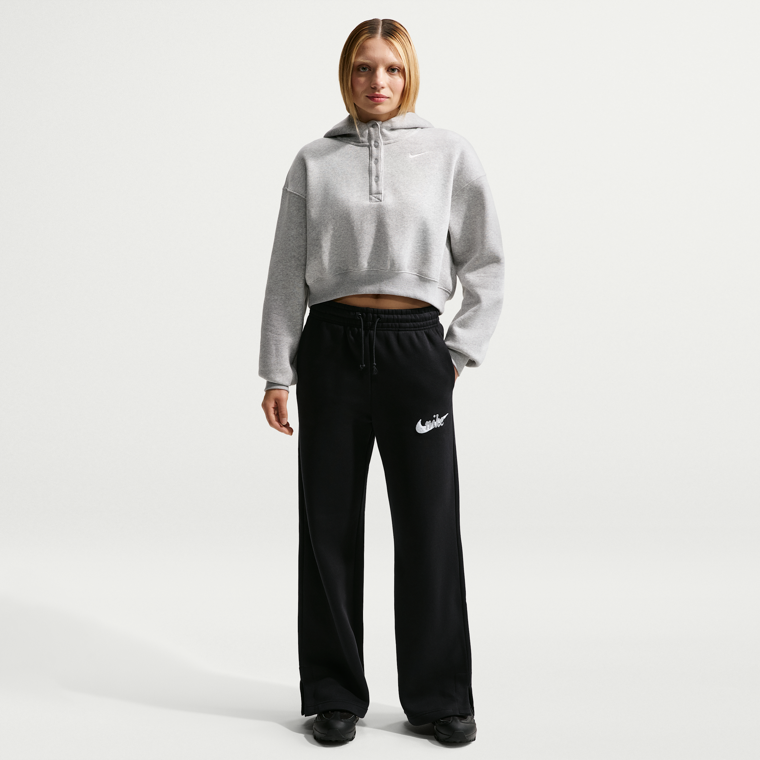 Nike Phoenix Fleece Womens High-Waisted Wide-Leg Logo Trousers - Black - Cotton/Polyester