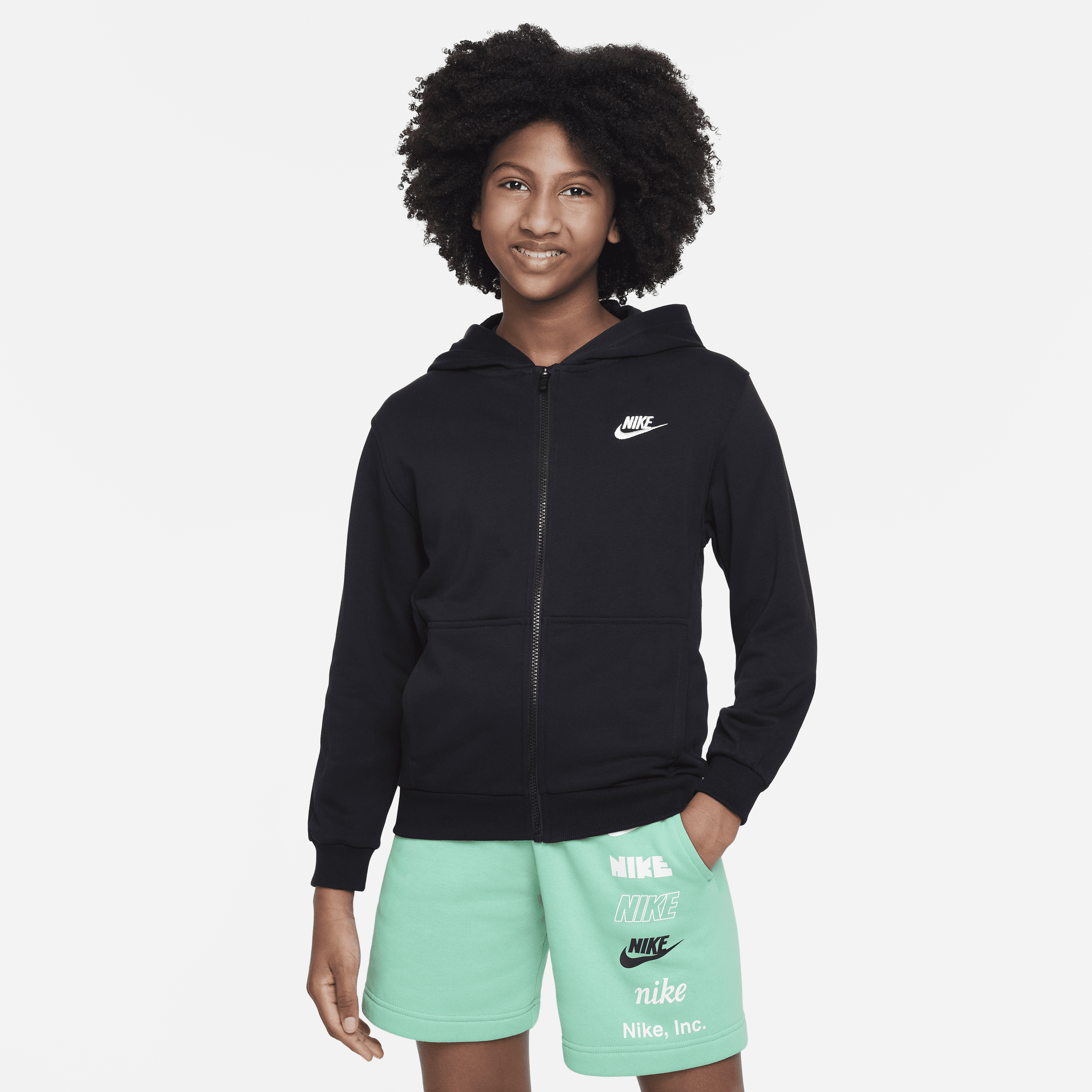 Nike Club Fleece hoodie van sweatstof met rits over de hele lengte voor kids Zwart