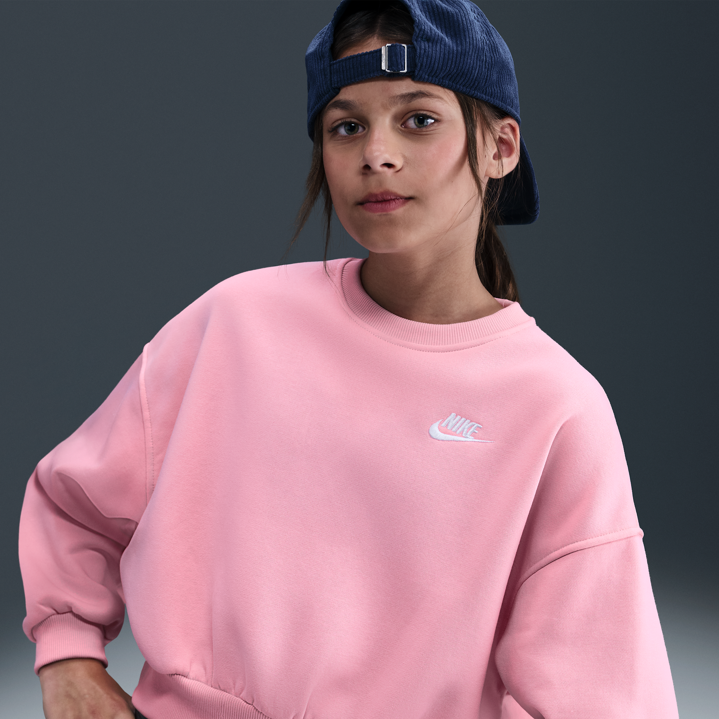 Nike Club Fleece Girls Boxy Crew-Neck Sweatshirt - Pink - Cotton/Polyester
