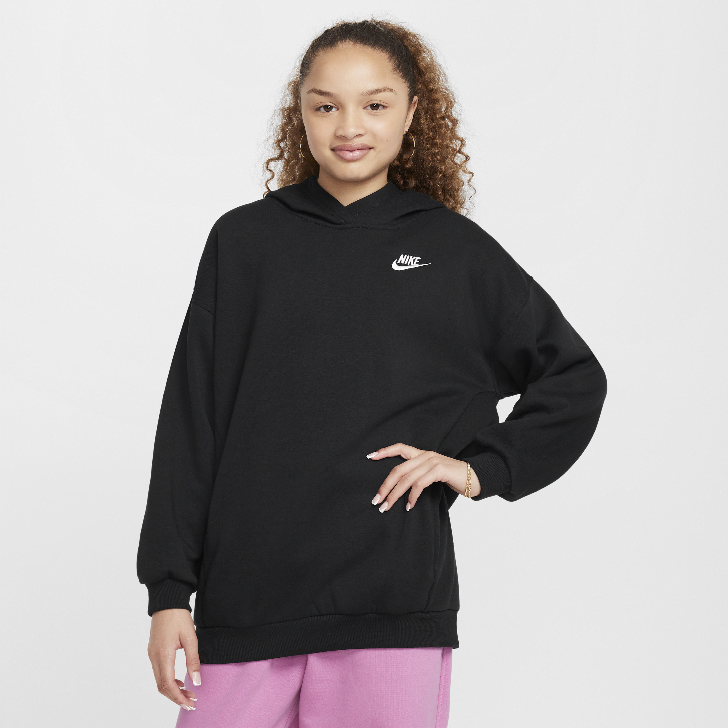 Nike Club Fleece Older Kids Oversized Pullover Hoodie - Black - Cotton/Polyester