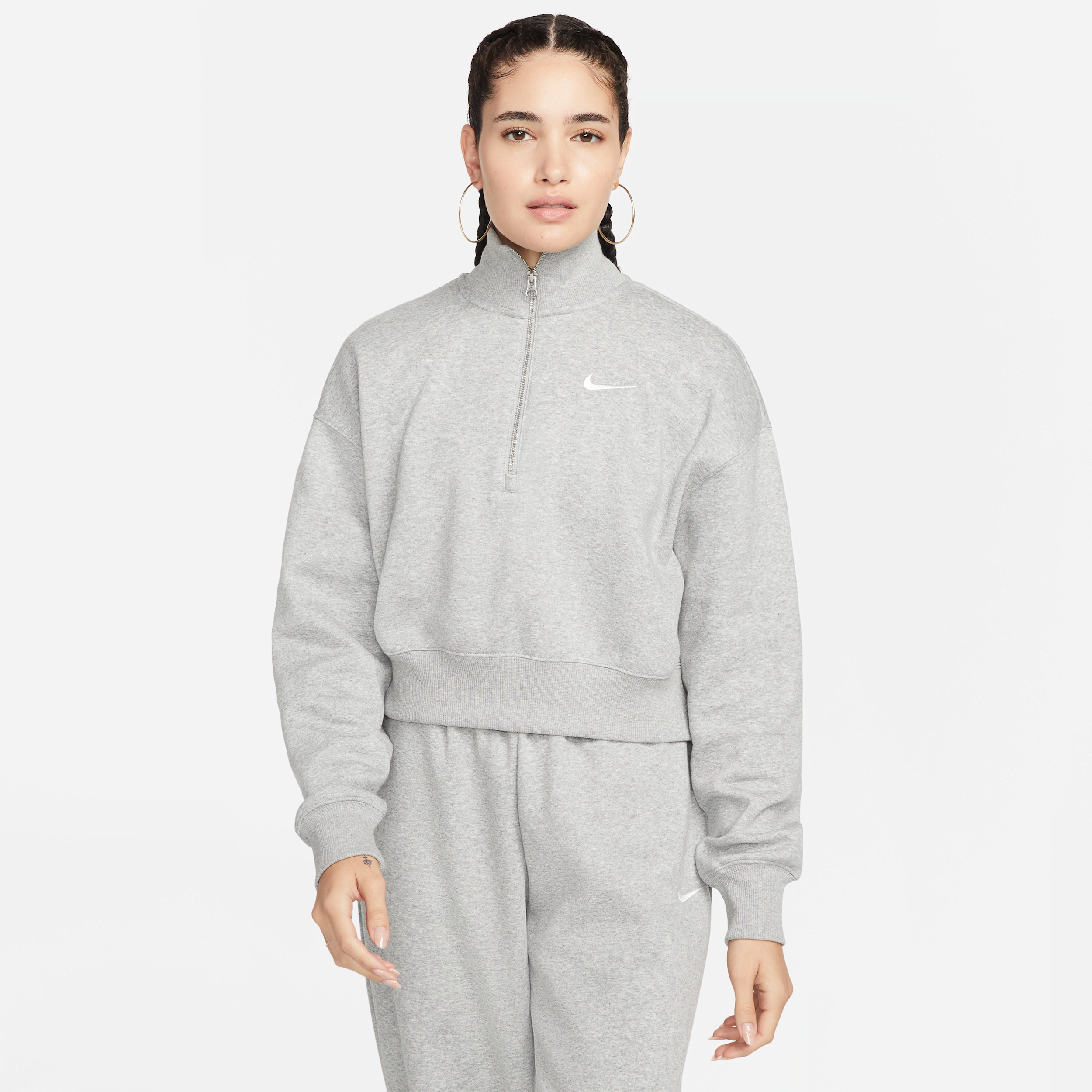 Thumbnail - Nike Sportswear Phoenix Fleece Kurz-Sweatshirt mit Viertel-Reißverschluss (Damen) - Grau