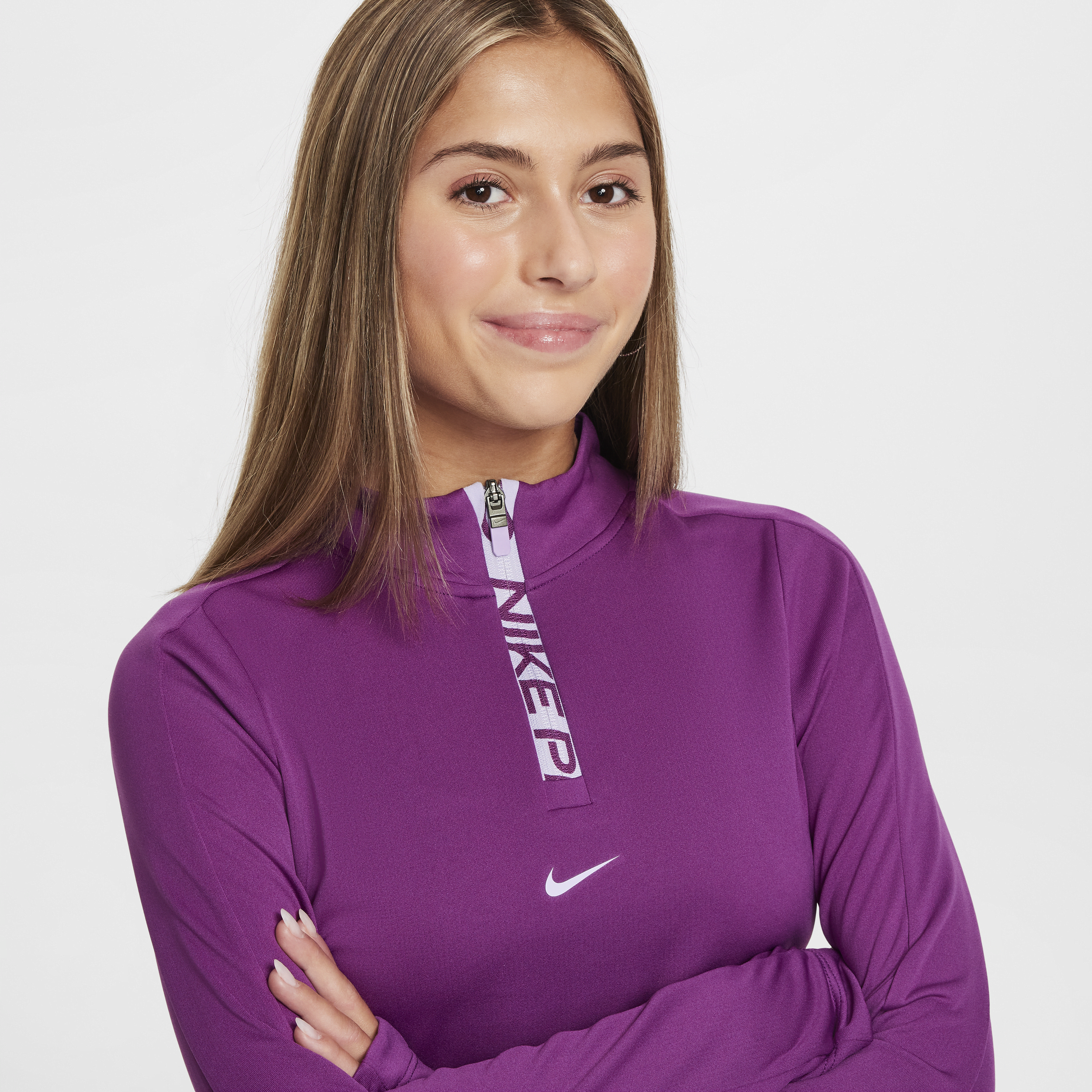 Nike Pro Dri-FIT meisjestop met lange mouwen en halflange rits Paars