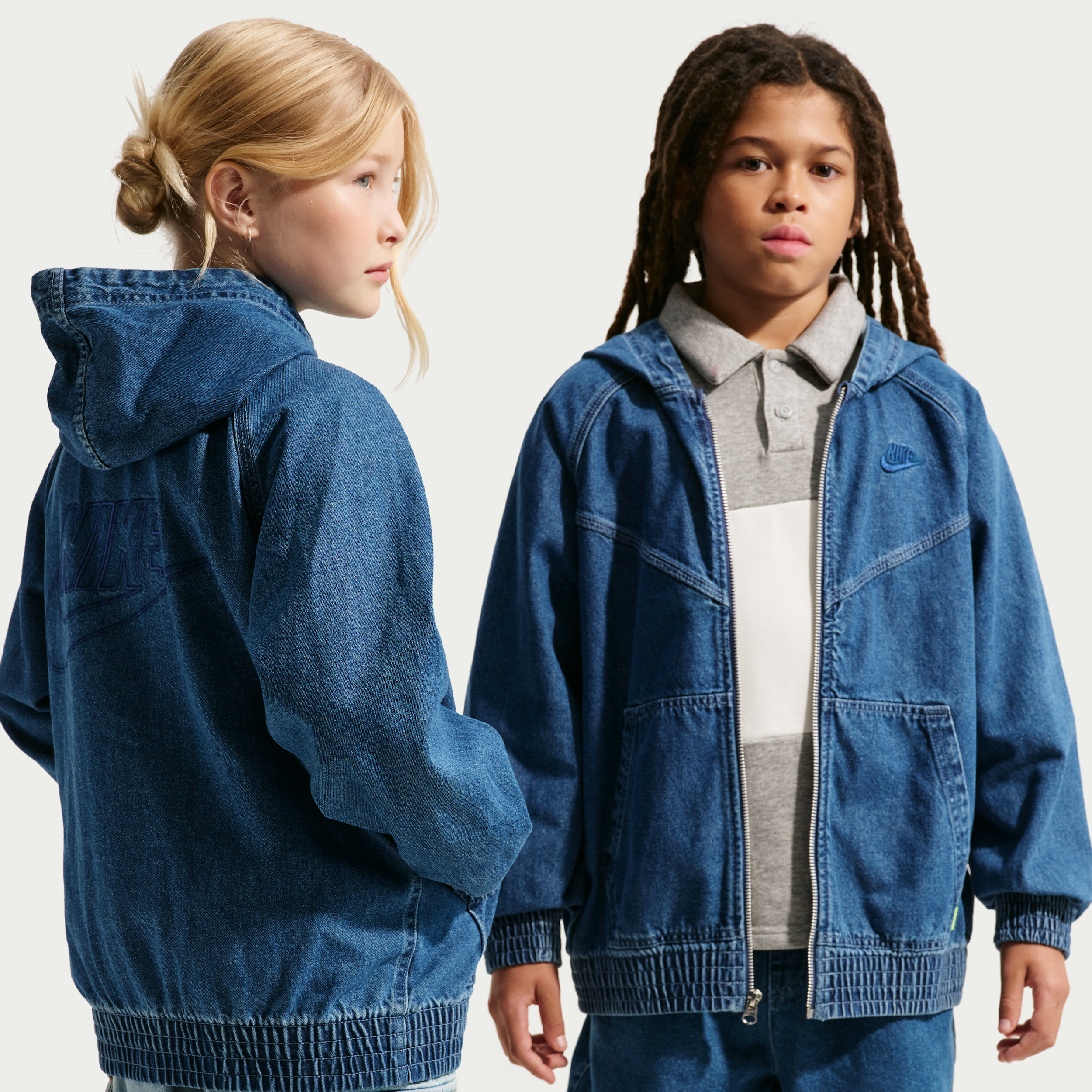 Nike Collection Older Kids Full-Zip Hooded Denim Jacket - Blue - Cotton