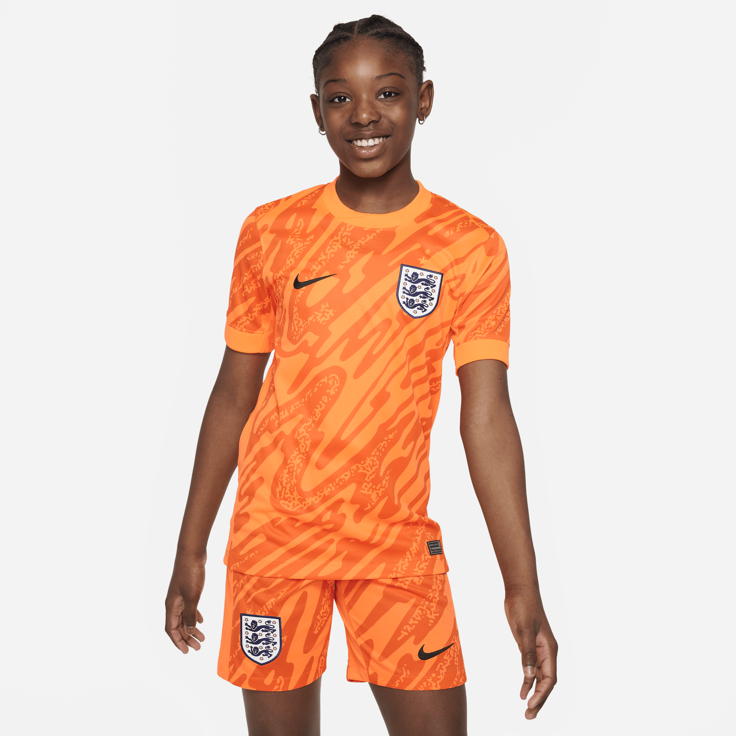 Nike Engeland (herenelftal) 2024 25 Stadium Goalkeeper Dri-FIT replica voetbalshirt met korte mouwen voor kids Oranje