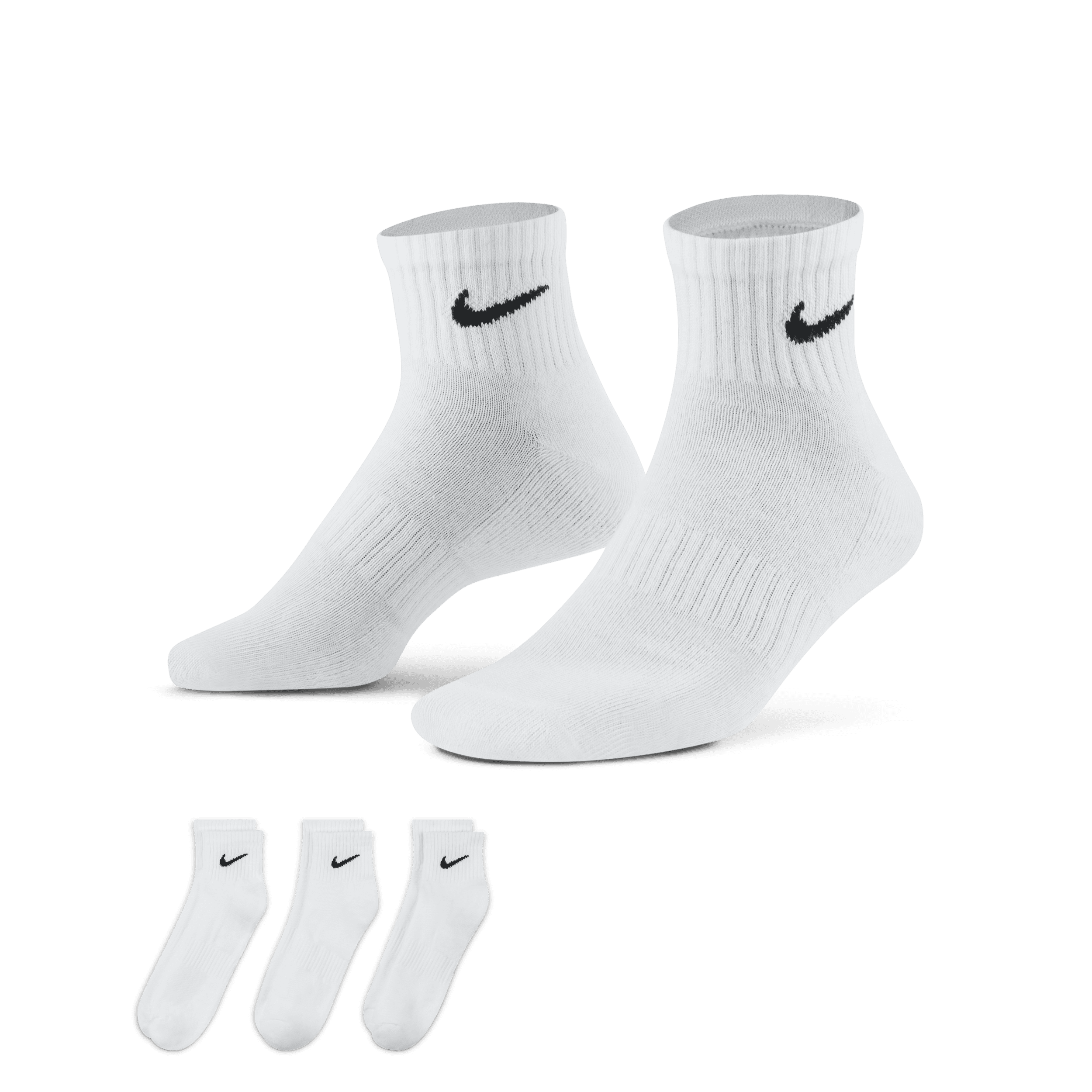 Power through your workout with the Nike Everyday Cushioned Socks. The thick terry sole gives you extra comfort for foot drills and lifts, while a ribbed arch band wraps your midfoot for a supportive feel. Dri-FIT Technology helps keep your feet dry and comfortable.Thick terry sole offers comfort and impact absorption.Ribbed arch band provides a supportive feel.1/4-length silhouette covers your ankle.Fabric: 71% cotton/26% polyester/2% elastane/1% nylonMachine washImported