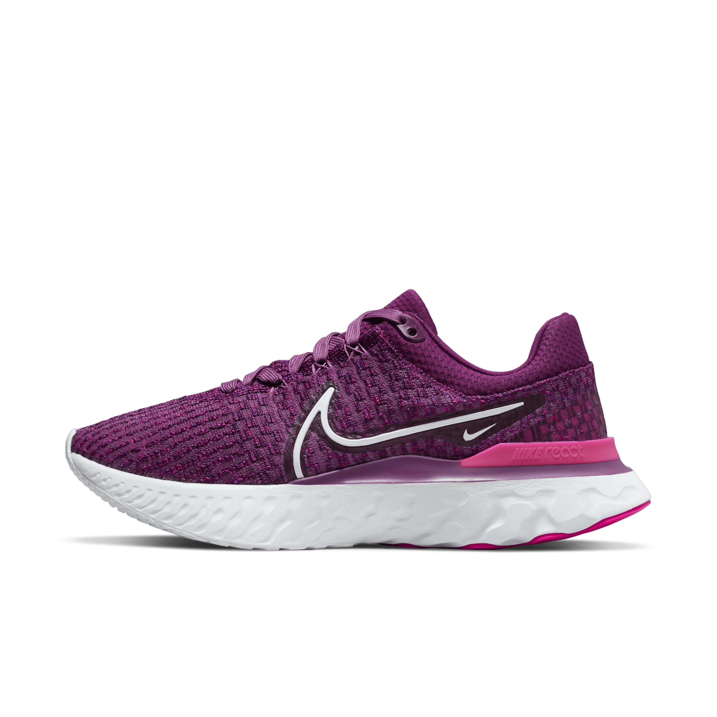 Still one of our most tested shoes, the Nike Infinity React 3 has soft and supportive cushioning. Its soft, stable feel with a smooth ride will carry you through routes, long and short. A breathable upper is made to feel contained, yet flexible. We even added more cushioning to the collar for a soft feel. Keep running, we've got you. A Secure, Breathable Flex::We added Flyknit throughout the upper, creating specific zones geared towards optimal breathability, flexibility and containment. The result is a cool feel that helps your foot feel secure, while letting it move without restriction. It still has Flywire technology for support through the midfoot.,Smooth and Steady::Nike React technology is a lightweight, durable foam that delivers a smooth, responsive ride. Shaped like a rocker, the foam provides support for the 3 phases of a runner's stride. It offers flexibility when your foot rises off the ground, a smooth ride when your foot is moving forwards and cushioning at ground contact. Its wide shape provides a more stable ride, helping release energy with every step.,Cushioned Feel, Higher Heights::Less material between the insole and midsole means you're closer to the foam. This helps create a more responsive experience. The foam itself has a higher height, providing a plush feel. More A hybrid tongue combines a sock-like feel with the adjustability of a traditional design.Soft padding along the collar provides a cushioned touch point.Increased rubber on the outsole helps deliver traction and durability.