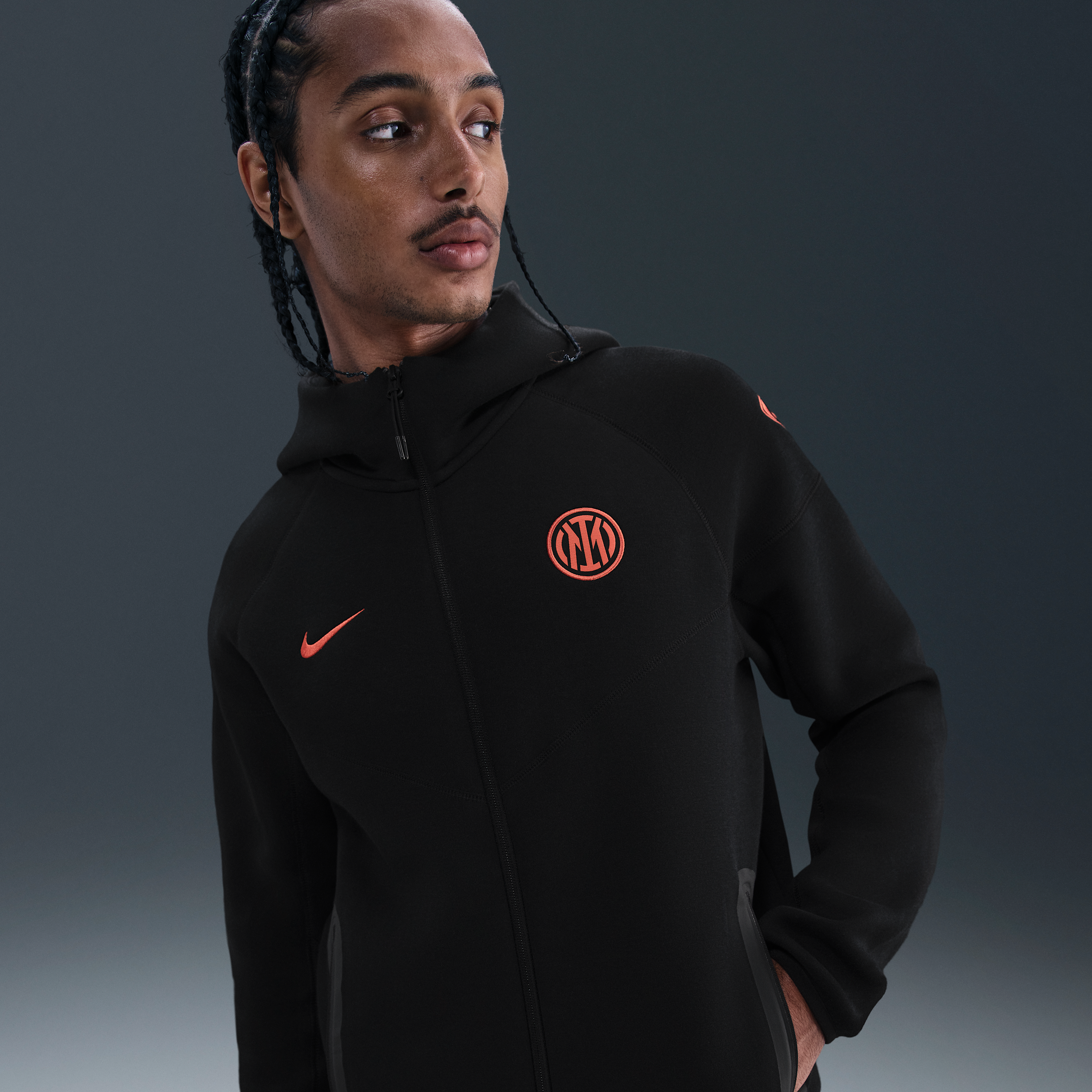 Inter Milan Tech Windrunner Mens Nike Total 90 Football Fleece Hoodie - Black - Cotton/Polyester