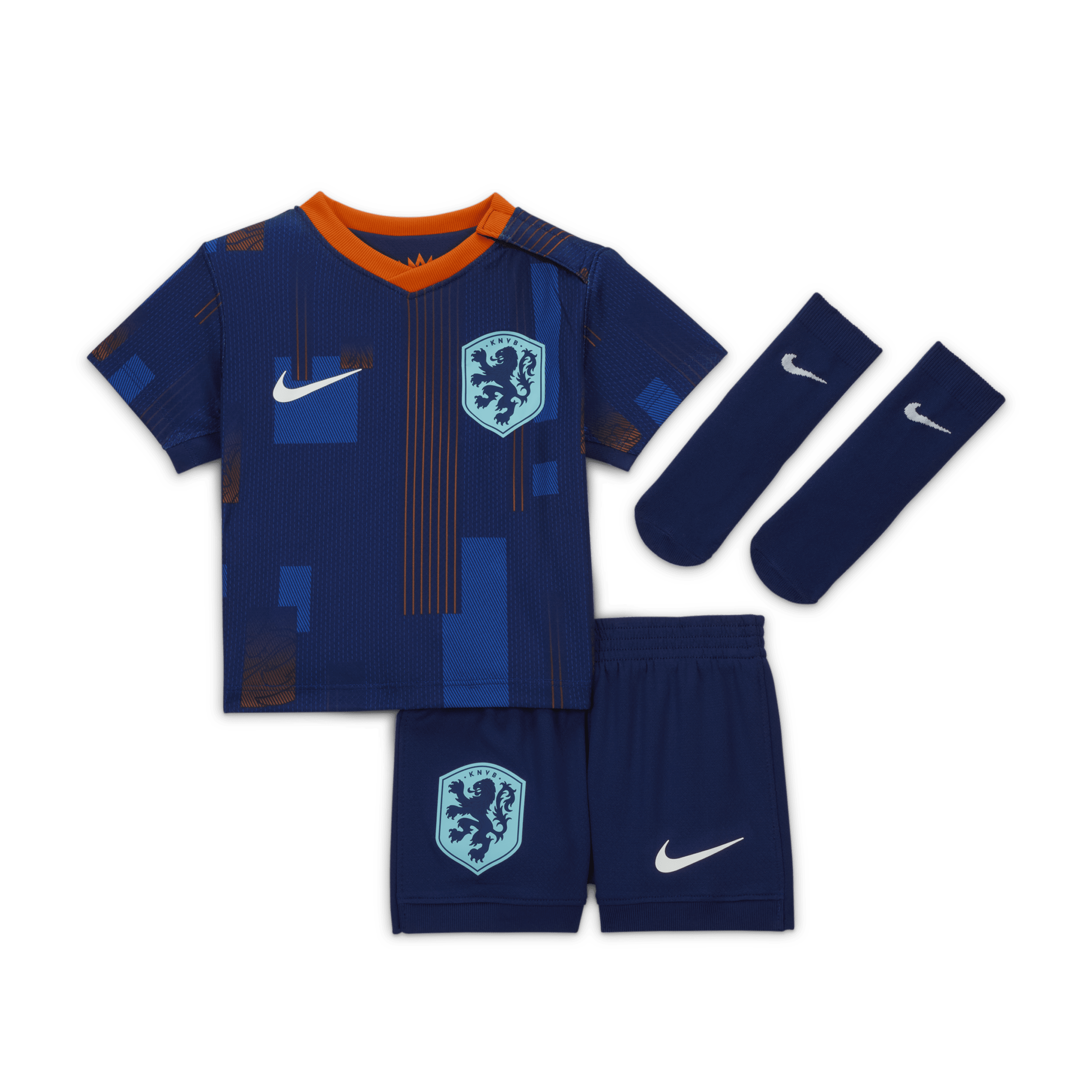 Nike Nederland 2024 Stadium Uit driedelig replica voetbaltenue voor baby's peuters Blauw