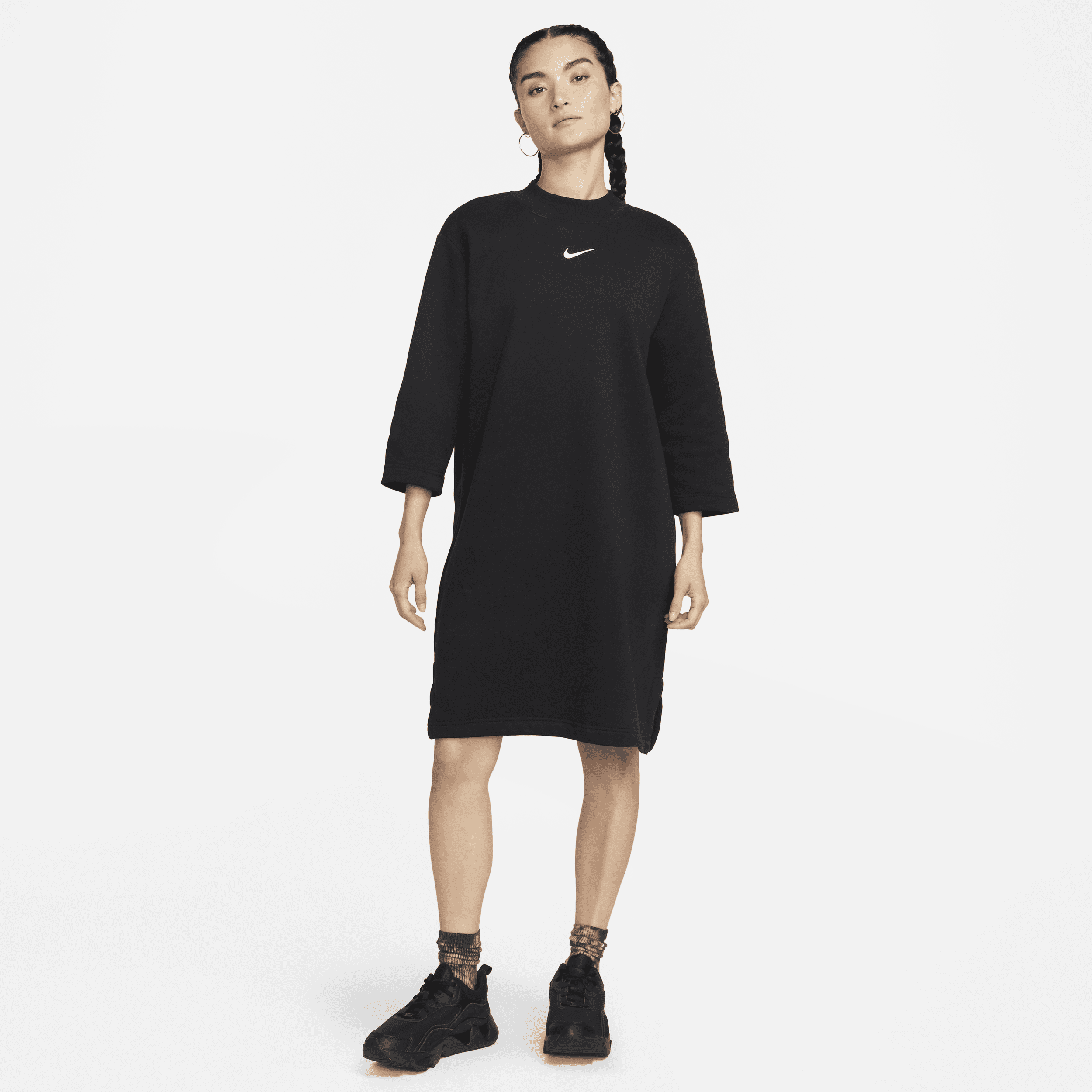 Overdimensioneret Nike Sportswear Phoenix-kjole i fleece med 3/4-lange ærmer til kvinder - sort