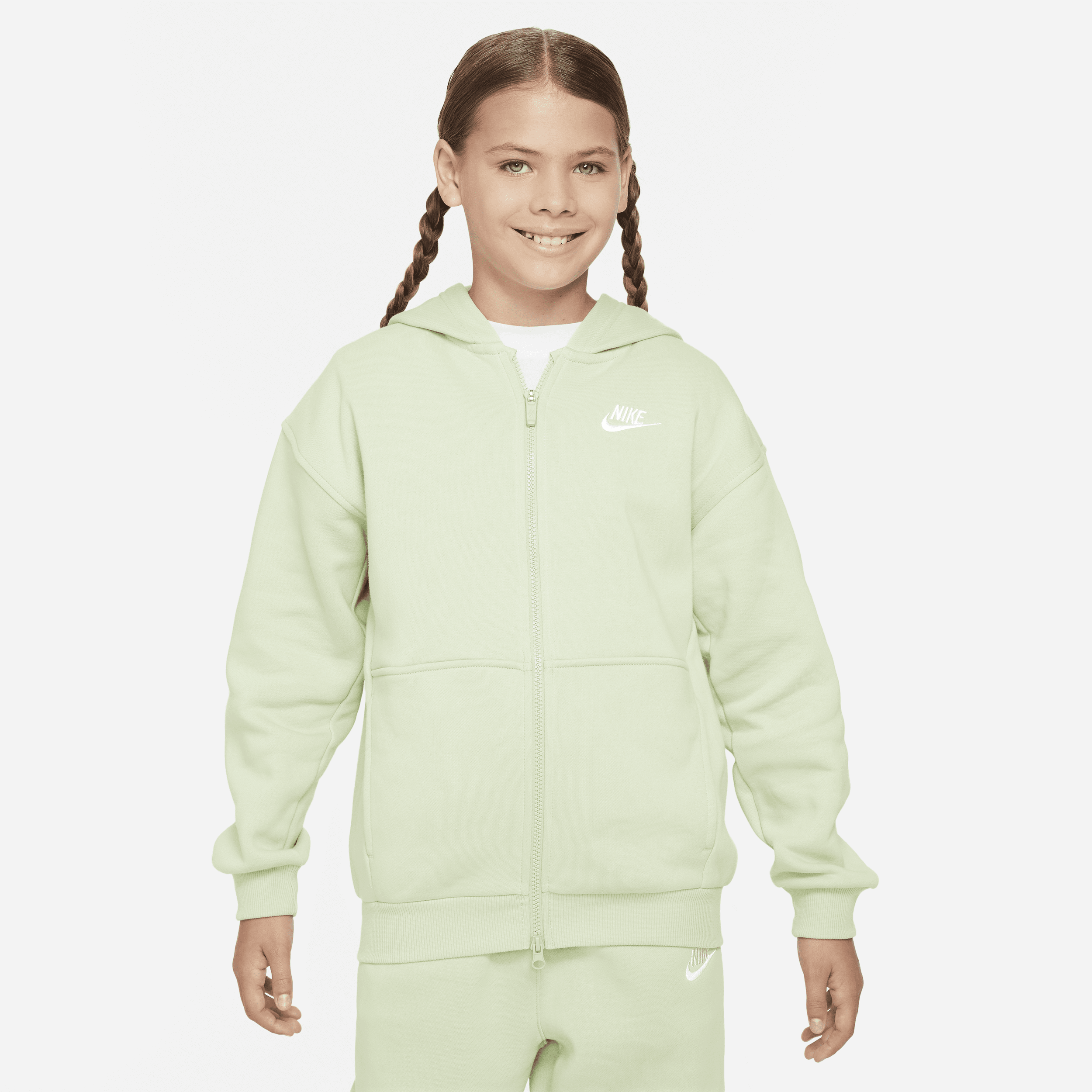Nike Sportswear Club Fleece-overdimensioneret hættetrøje med lynlås til større børn (piger) - grøn