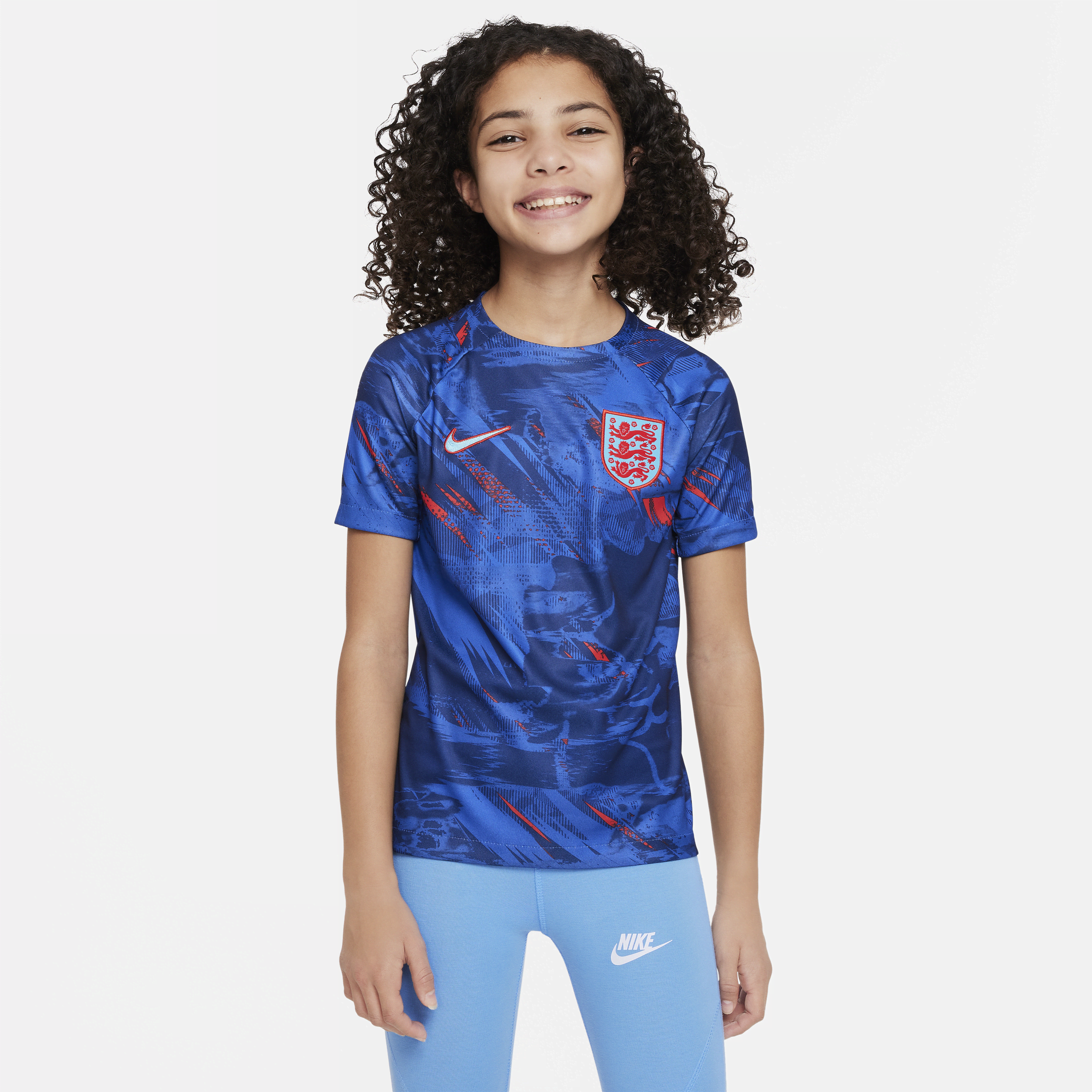 England Nike Dri-FIT Pre-Match-fodboldtrøje til større børn - blå