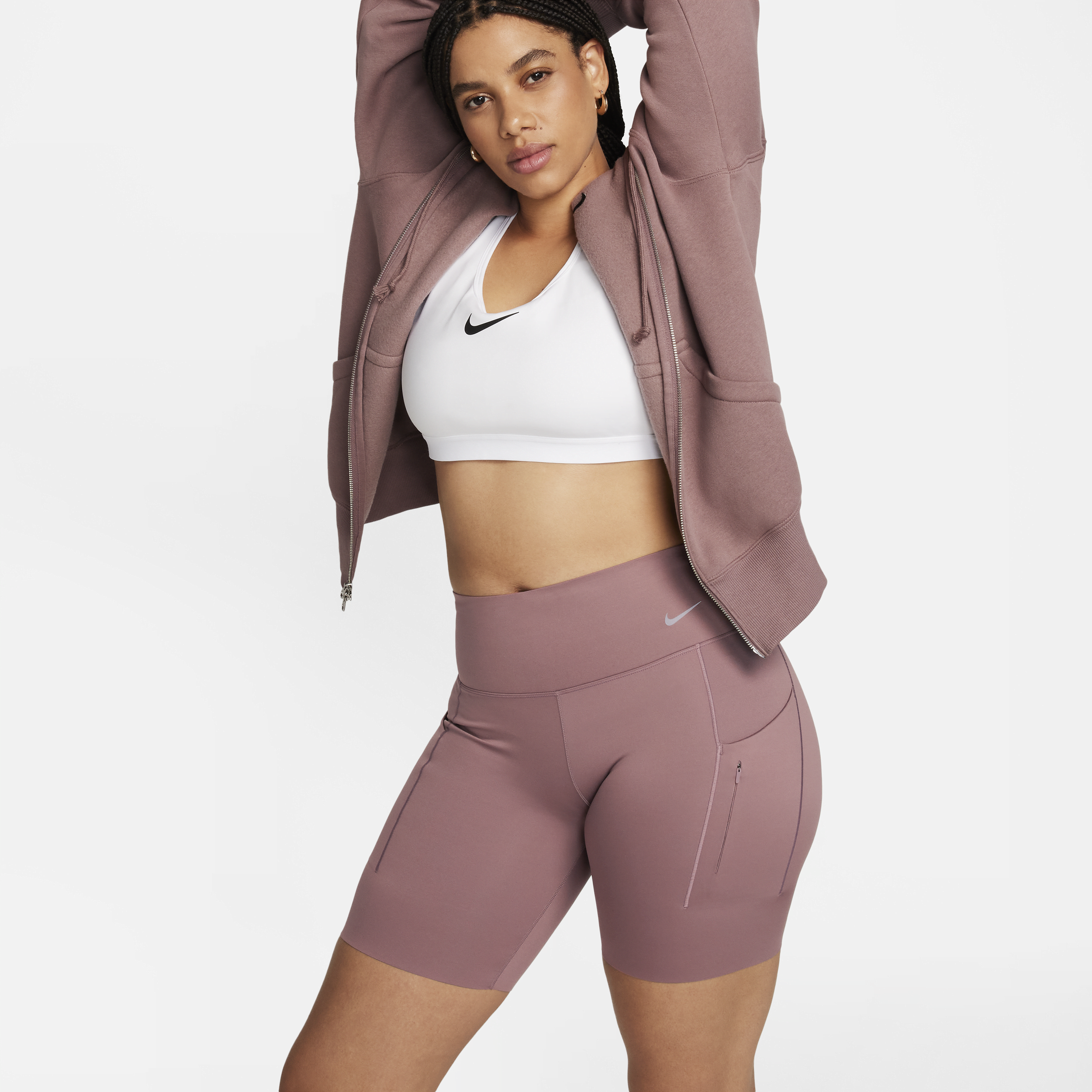 Nike Go Bikershorts met halfhoge taille, zakken en complete ondersteuning voor dames (20 cm) - Paars