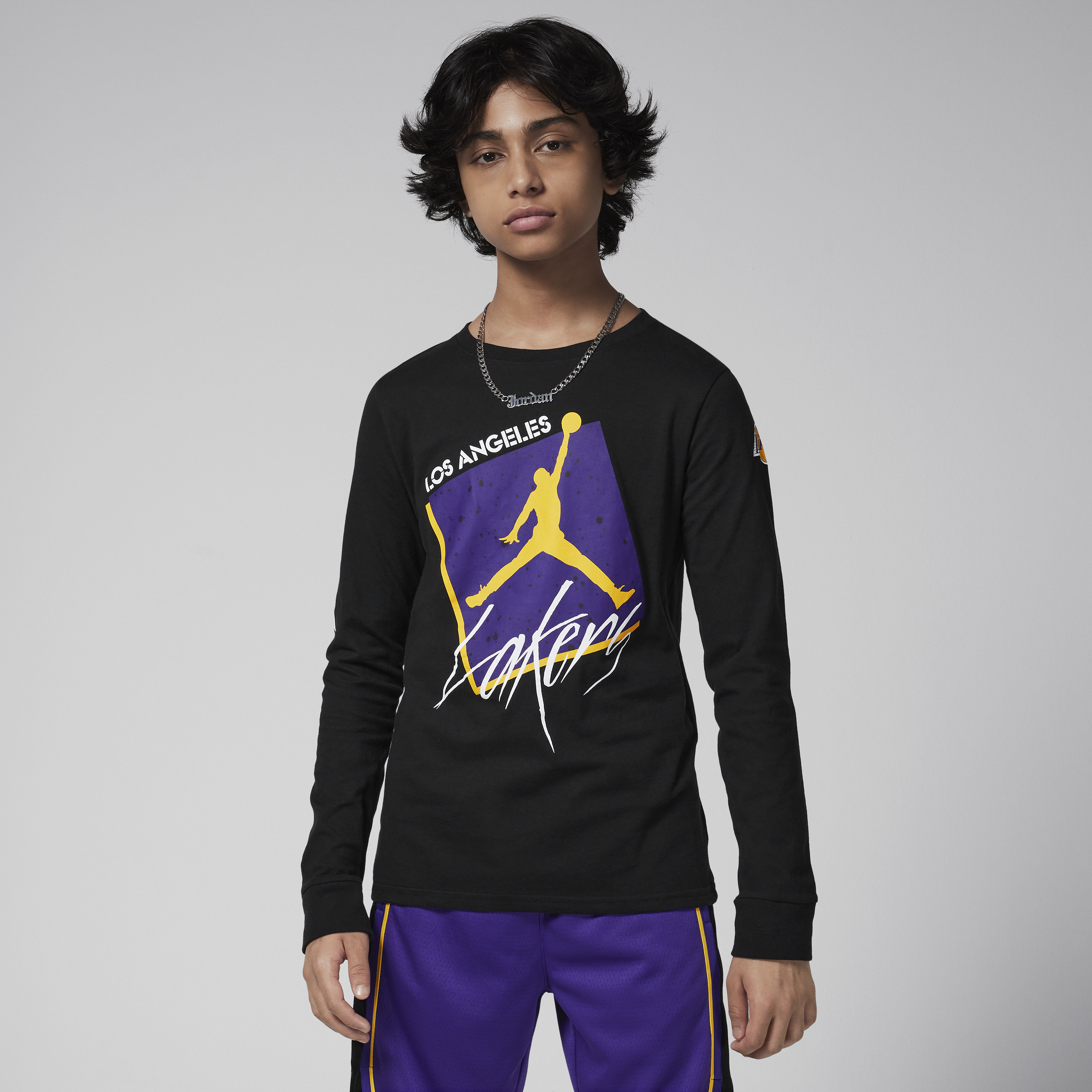 Nike Los Angeles Lakers Courtside Statement Edition Jordan Max90 NBA-shirt met lange mouwen voor jongens - Zwart