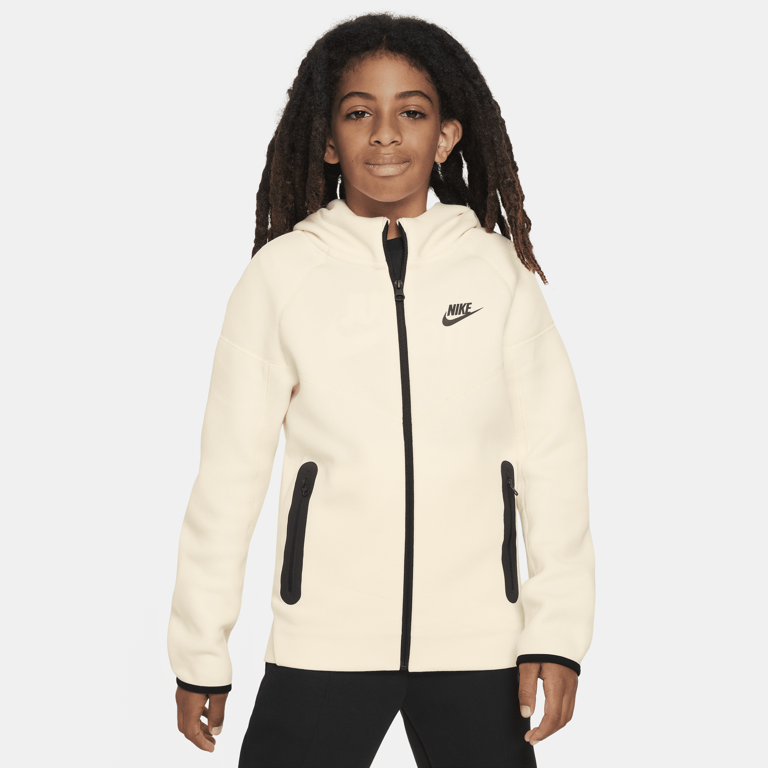 Nike Sportswear Tech Fleece-hættetrøje med lynlås til større børn (drenge) - hvid