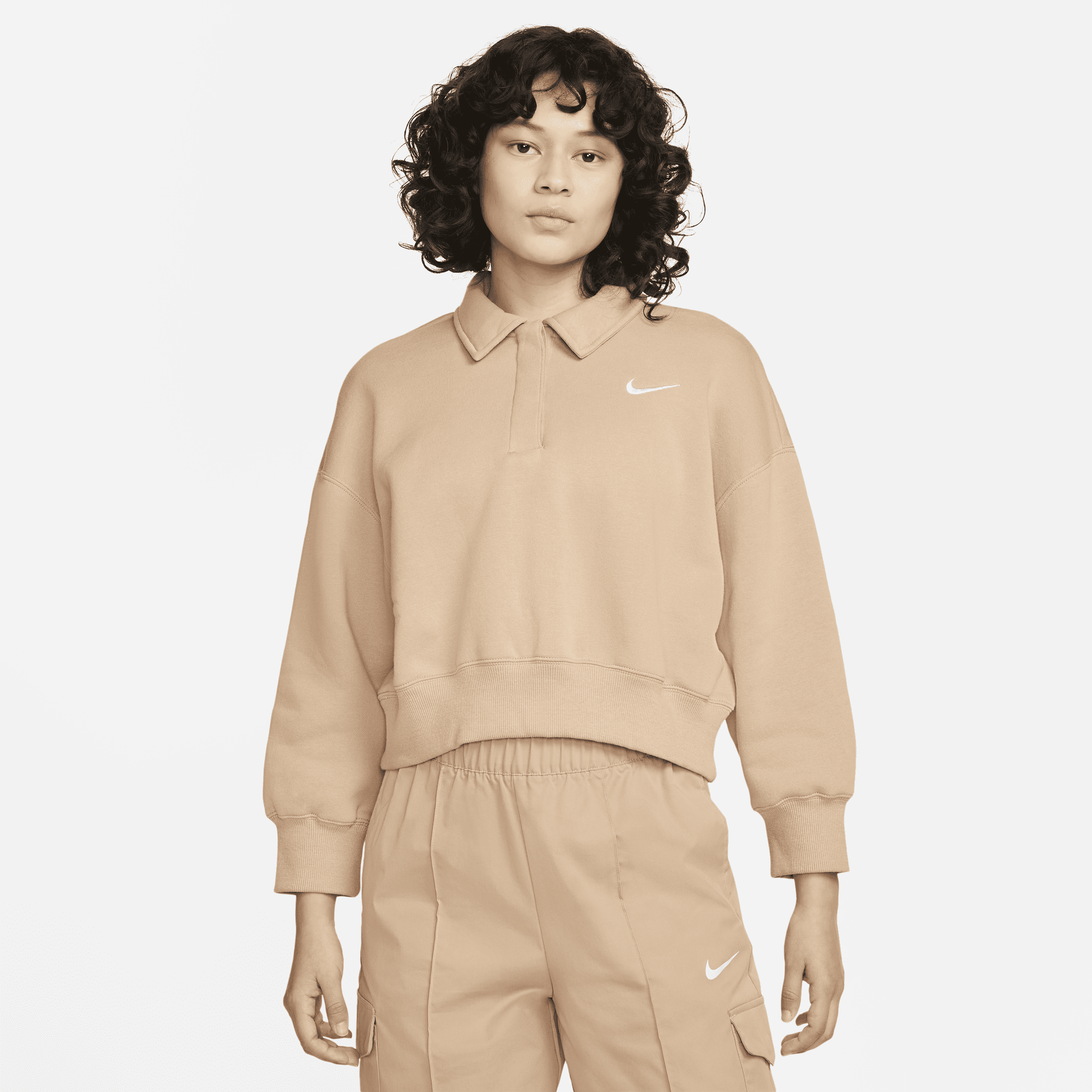 Kort Nike Sportswear Phoenix Fleece-polosweatshirt med 3/4-ærmer til kvinder - brun