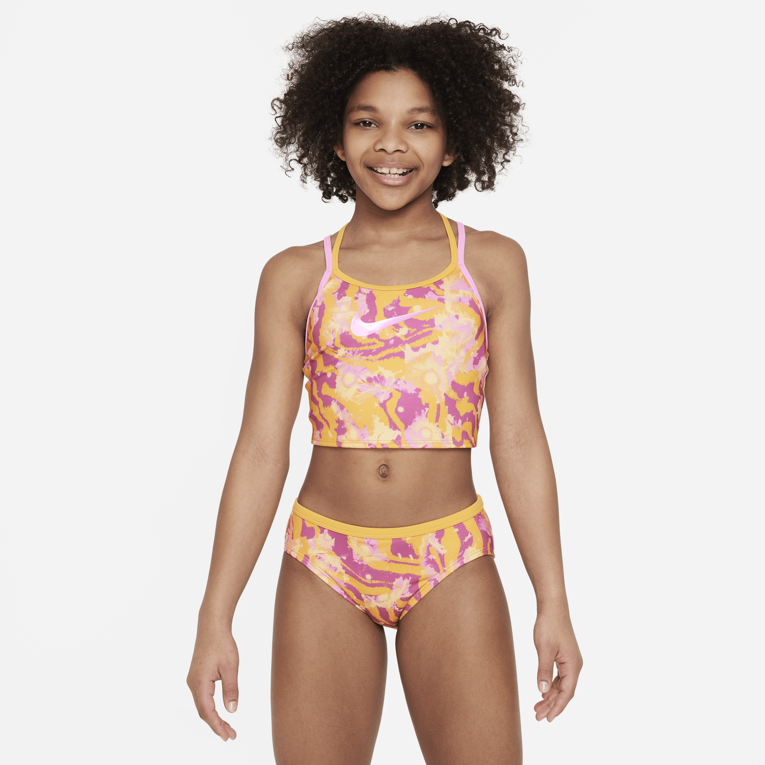 Nike-midkinisvømmesæt med T-krydsryg til større børn (piger) - Pink