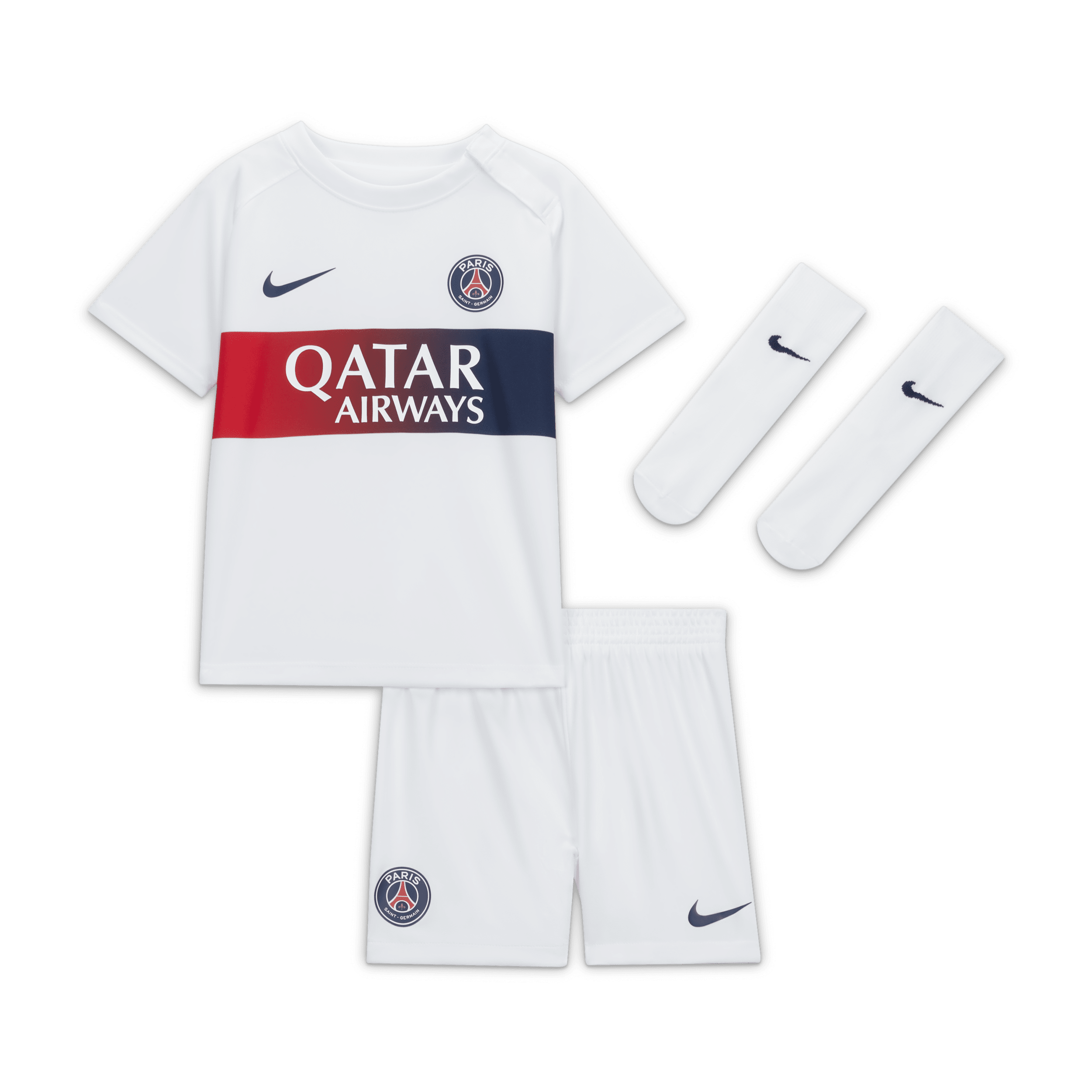 Paris Saint-Germain 2023/24 Away-Nike Dri-FIT-sæt i 3 dele til babyer og småbørn - hvid
