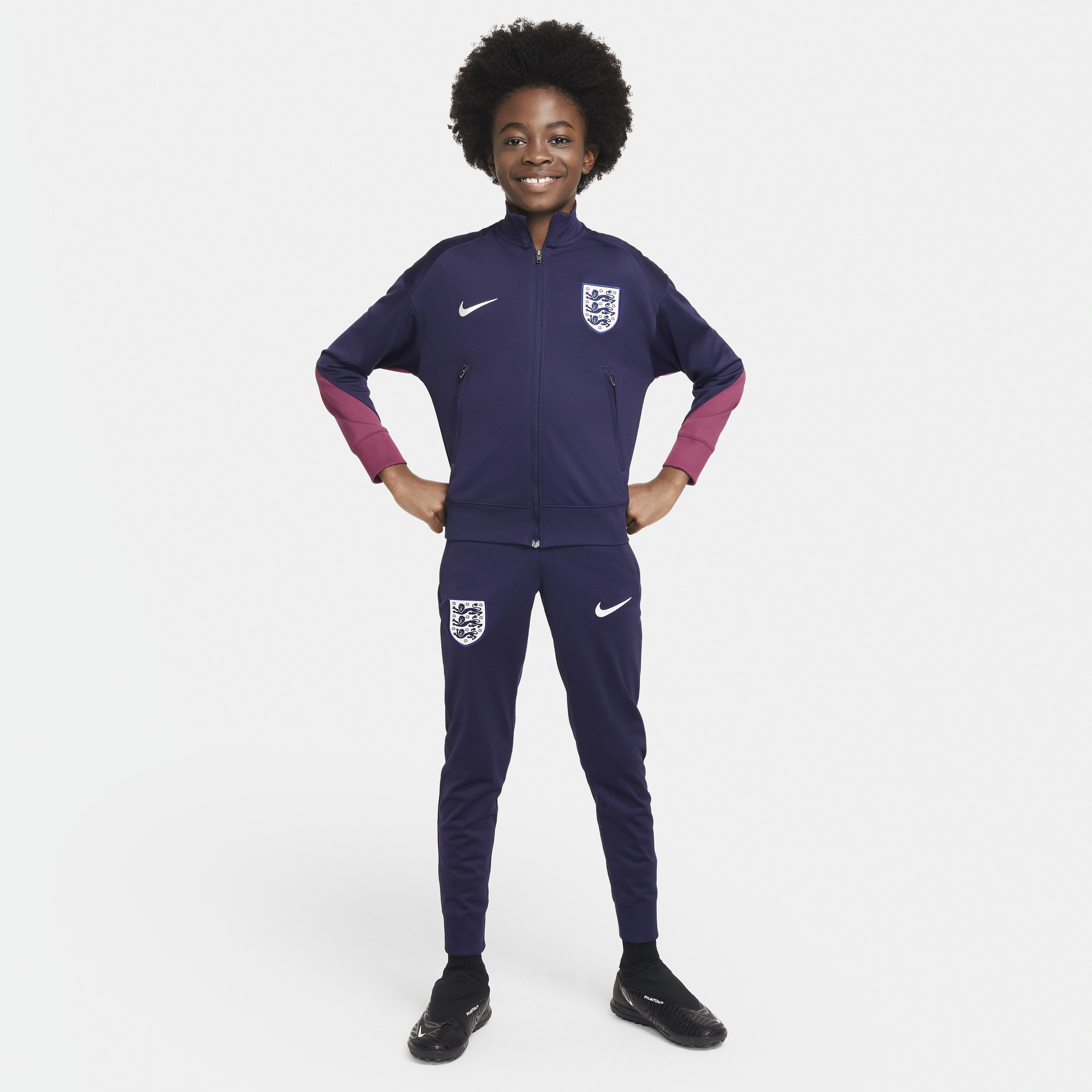 Maskinstrikket England Strike Nike Dri-FIT-fodboldtracksuit til større børn - lilla